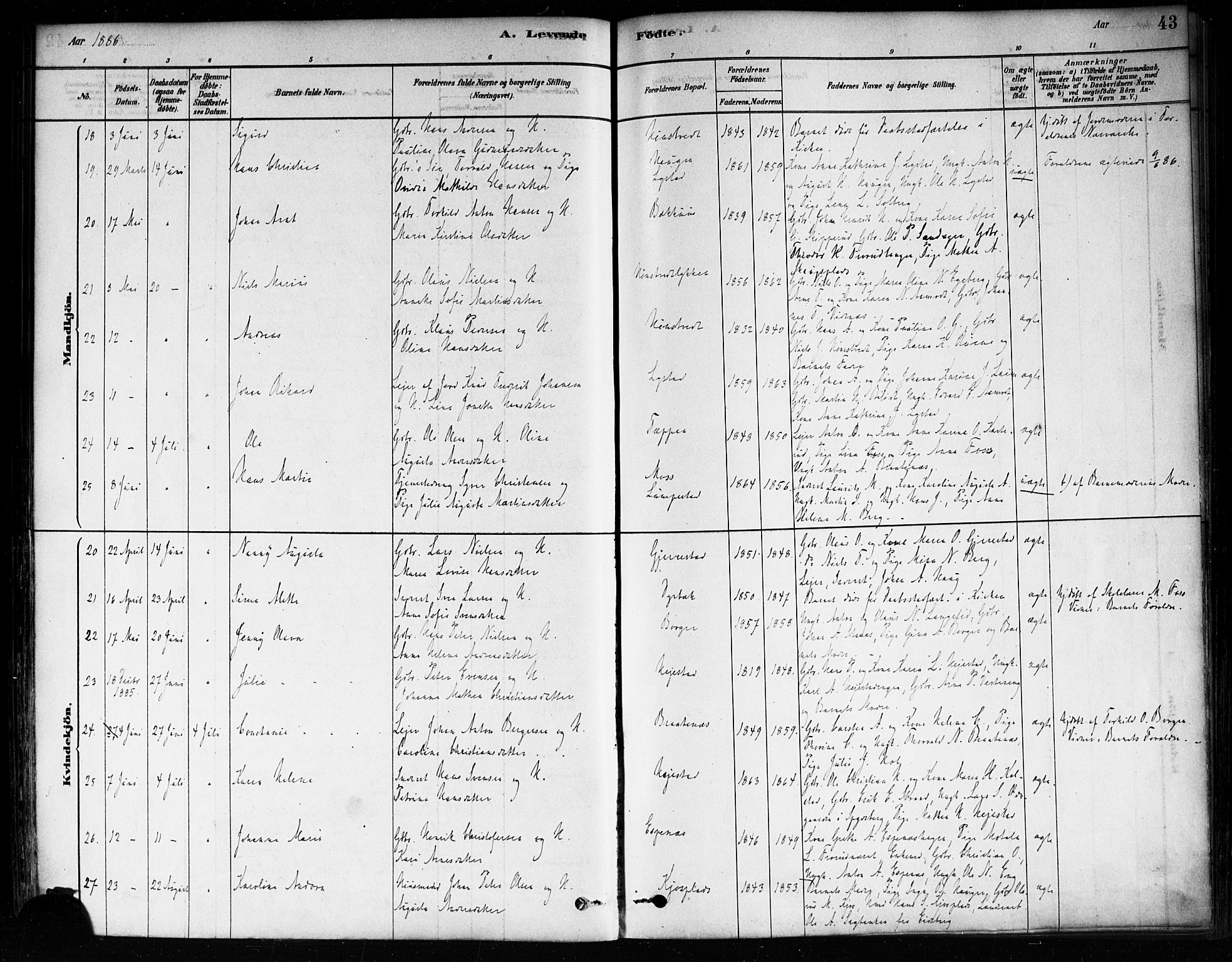 Skiptvet prestekontor Kirkebøker, AV/SAO-A-20009/F/Fa/L0009: Parish register (official) no. 9, 1878-1900, p. 43