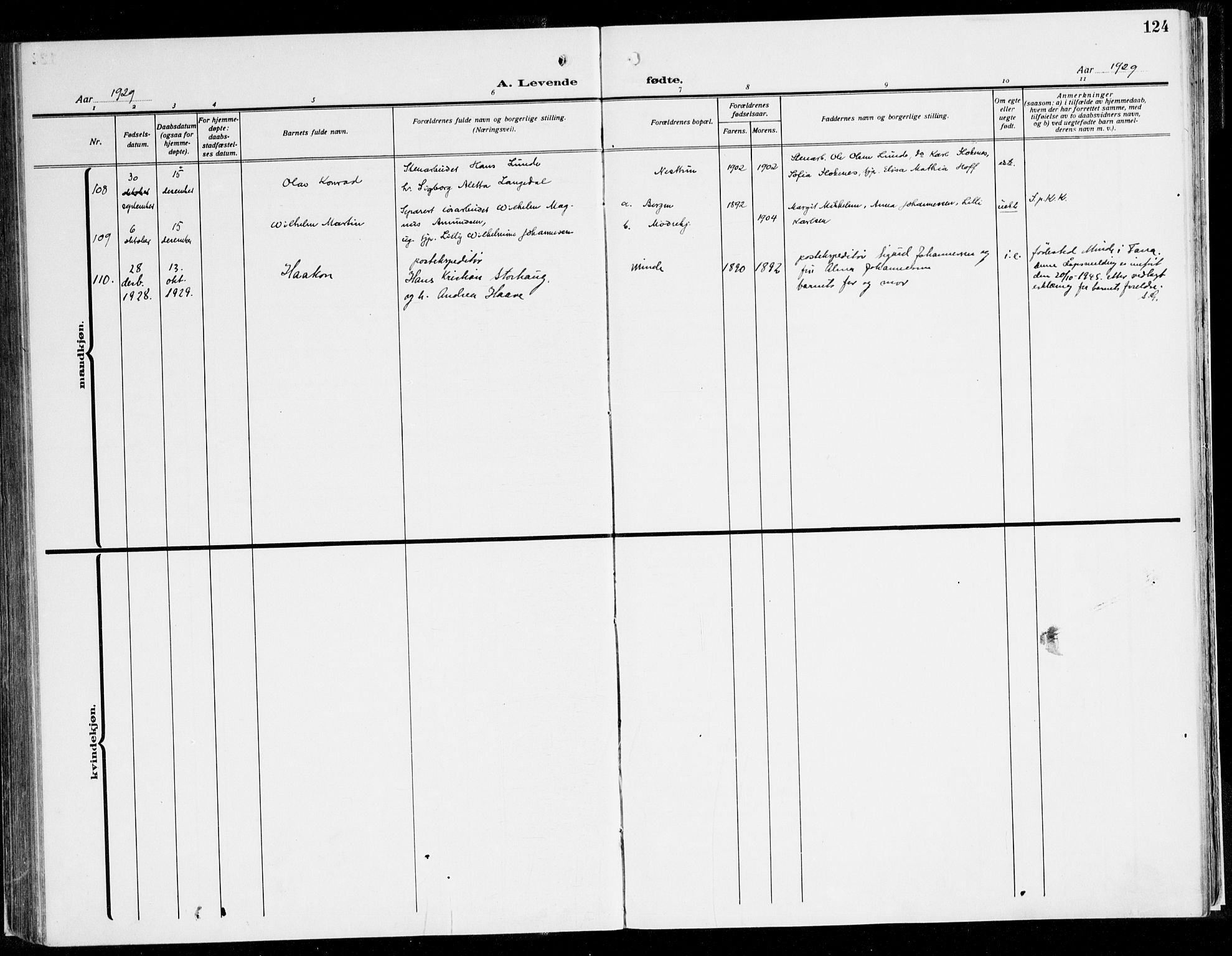 Fana Sokneprestembete, AV/SAB-A-75101/H/Haa/Haaj/L0001: Parish register (official) no. J 1, 1921-1935, p. 124