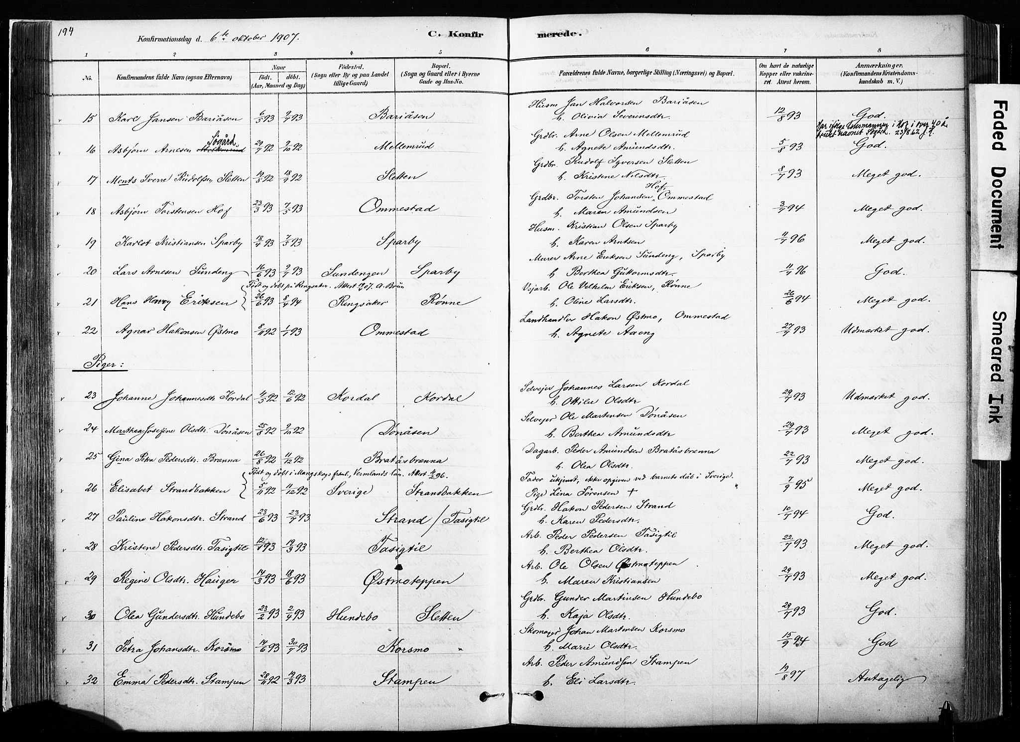 Hof prestekontor, SAH/PREST-038/H/Ha/Haa/L0010: Parish register (official) no. 10, 1878-1909, p. 194