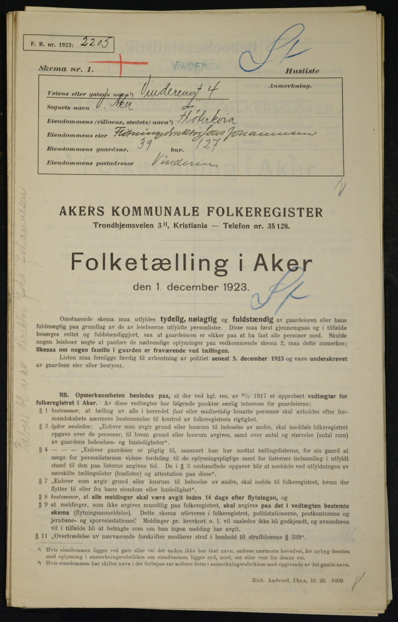 , Municipal Census 1923 for Aker, 1923, p. 22175