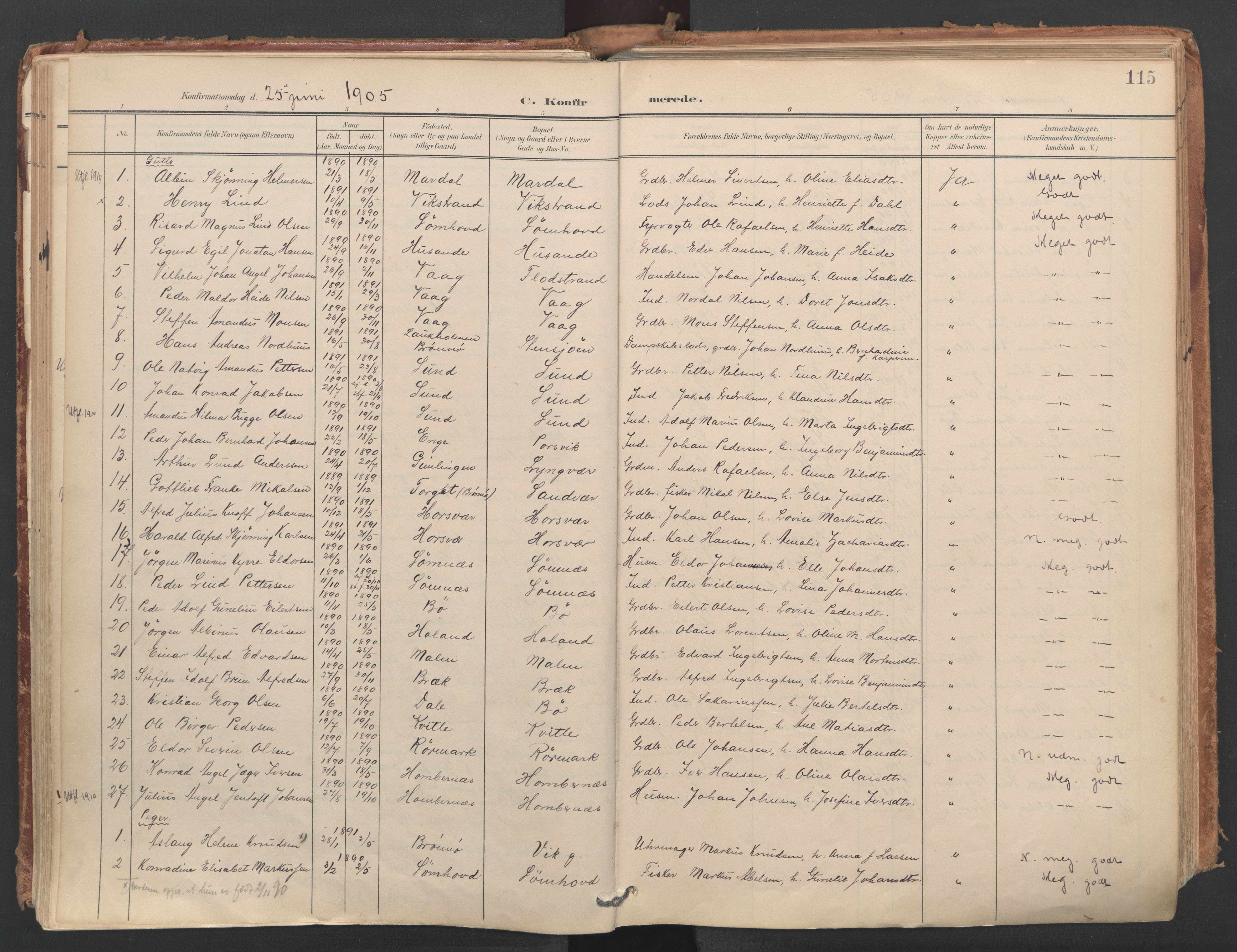 Ministerialprotokoller, klokkerbøker og fødselsregistre - Nordland, SAT/A-1459/812/L0180: Parish register (official) no. 812A09, 1901-1915, p. 115