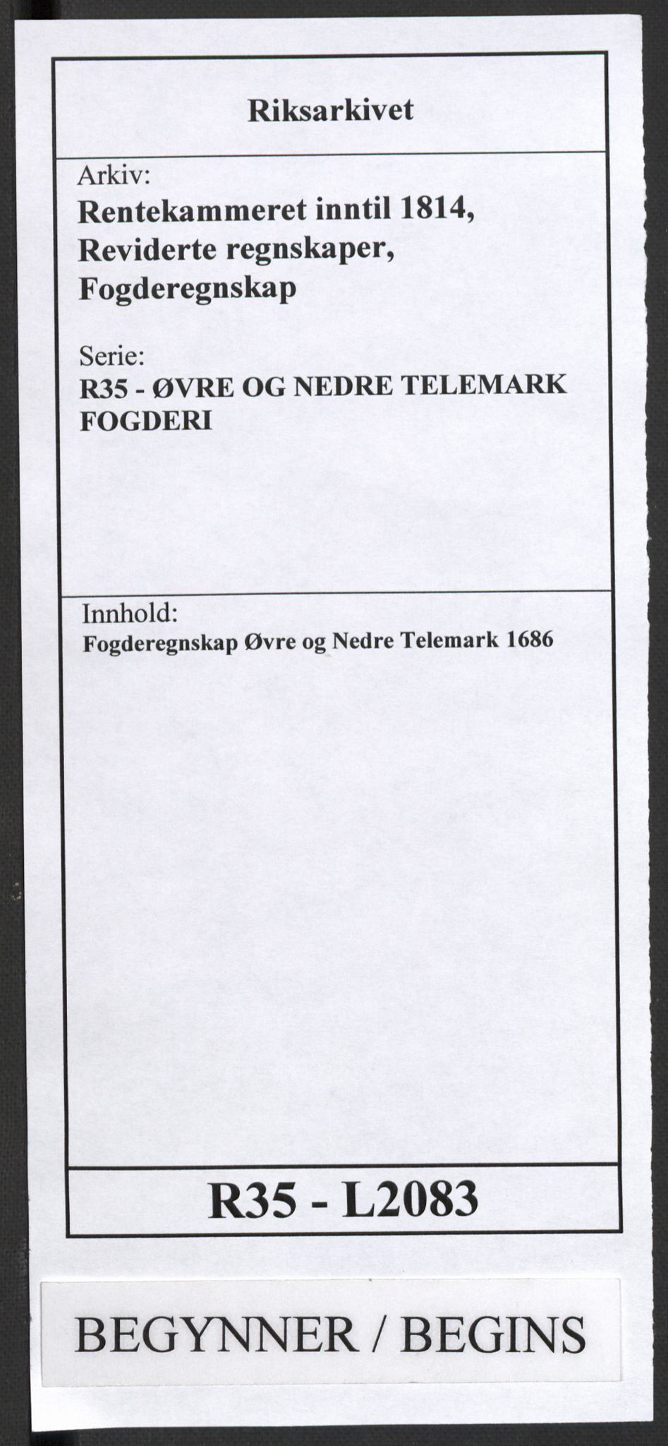 Rentekammeret inntil 1814, Reviderte regnskaper, Fogderegnskap, RA/EA-4092/R35/L2083: Fogderegnskap Øvre og Nedre Telemark, 1686, p. 1