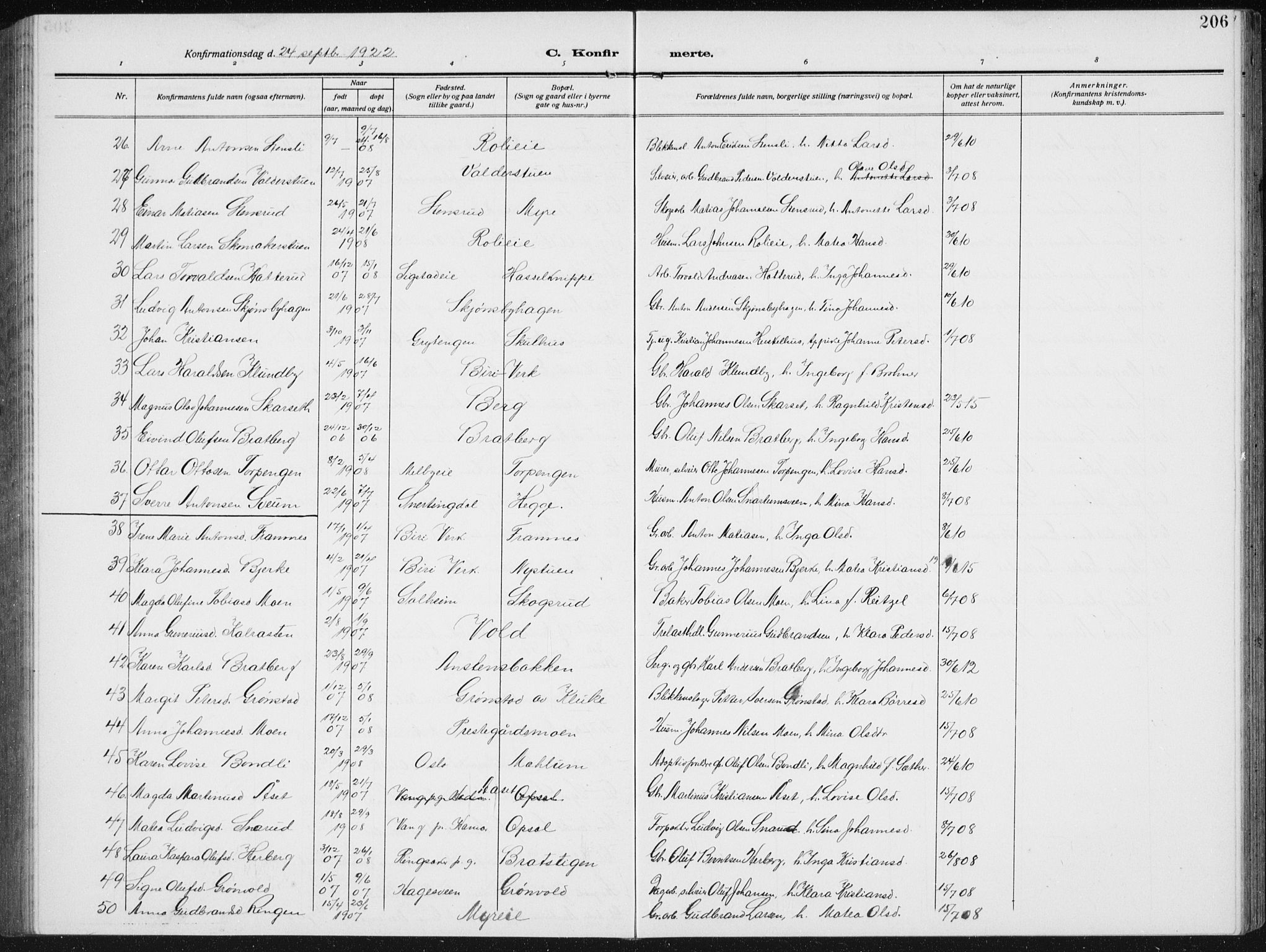 Biri prestekontor, SAH/PREST-096/H/Ha/Hab/L0006: Parish register (copy) no. 6, 1909-1938, p. 206