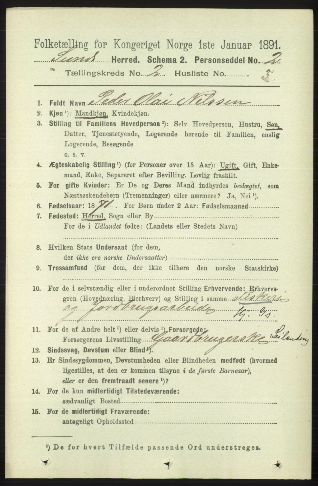 RA, 1891 census for 1245 Sund, 1891, p. 603