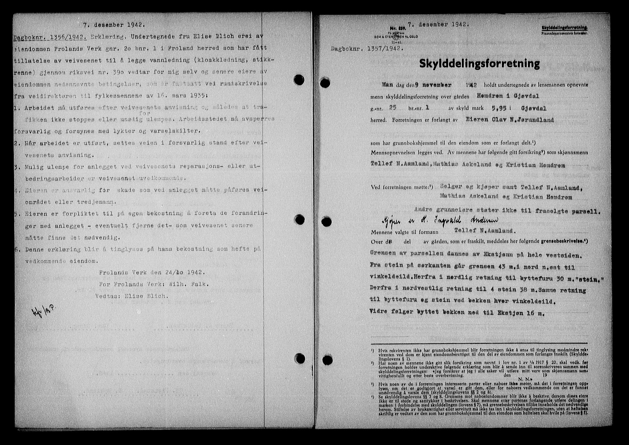 Nedenes sorenskriveri, SAK/1221-0006/G/Gb/Gba/L0050: Mortgage book no. A-IV, 1942-1943, Diary no: : 1357/1942