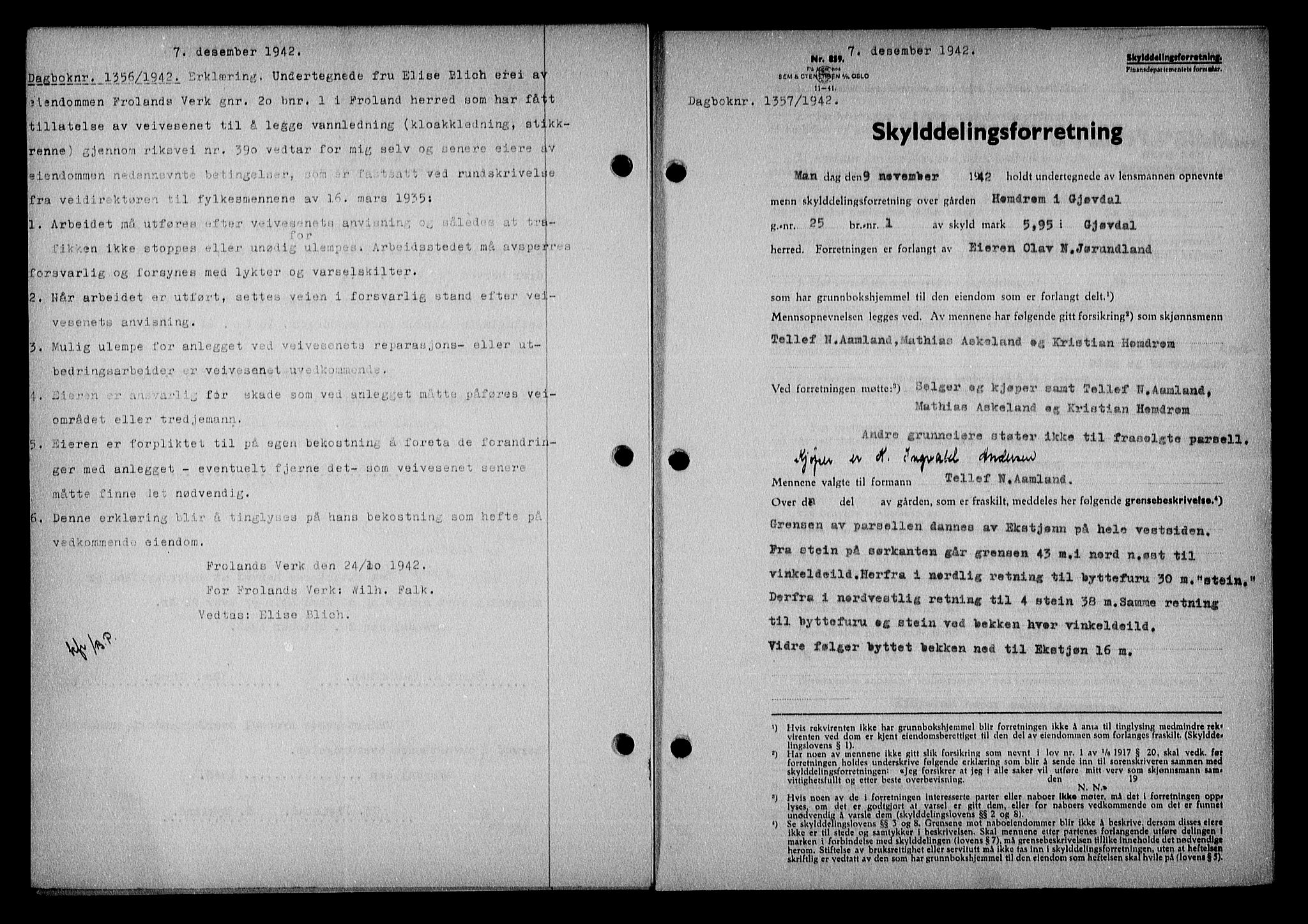 Nedenes sorenskriveri, AV/SAK-1221-0006/G/Gb/Gba/L0050: Mortgage book no. A-IV, 1942-1943, Diary no: : 1357/1942