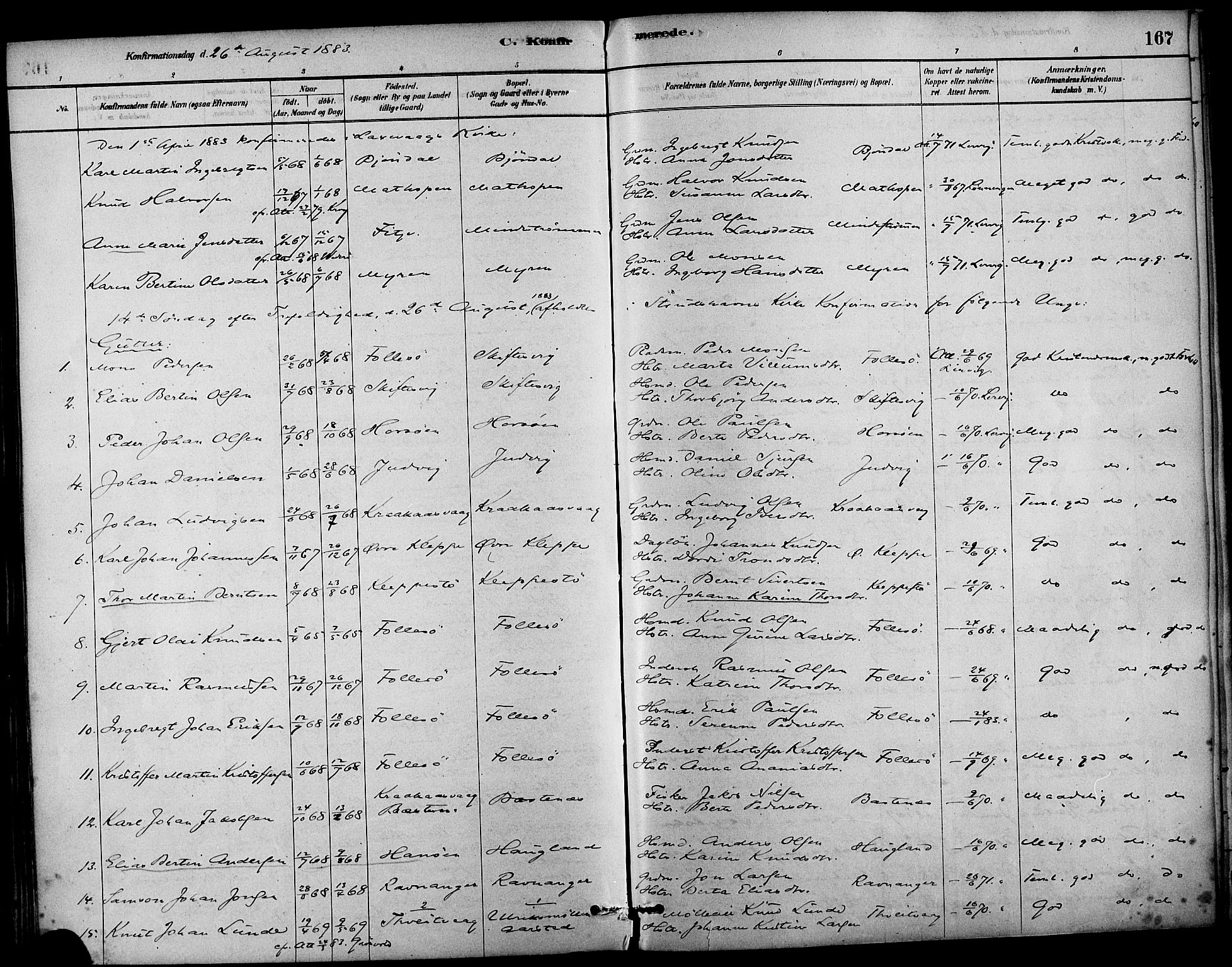 Askøy Sokneprestembete, AV/SAB-A-74101/H/Ha/Haa/Haab/L0001: Parish register (official) no. B 1, 1878-1889, p. 167