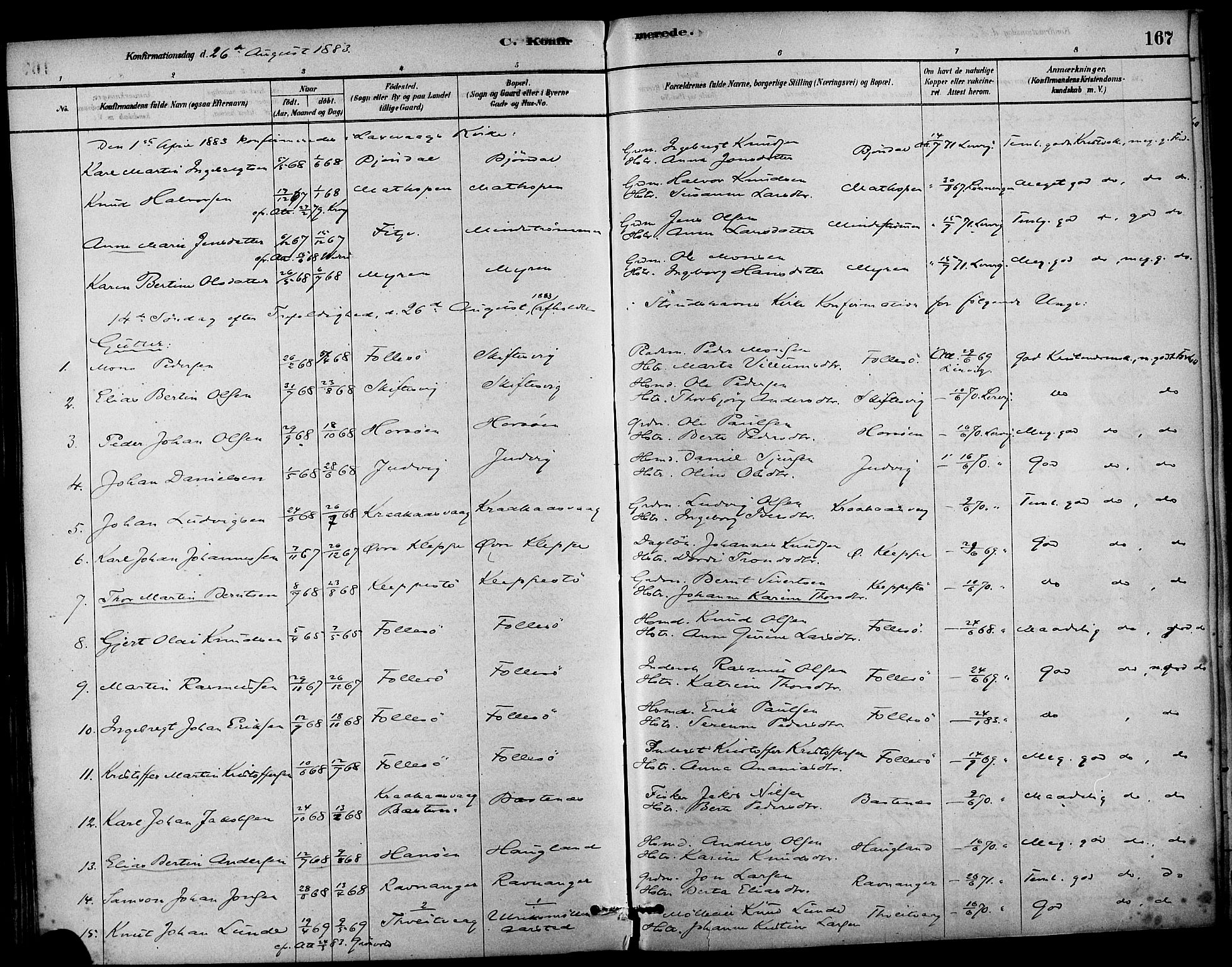 Askøy Sokneprestembete, SAB/A-74101/H/Ha/Haa/Haab/L0001: Parish register (official) no. B 1, 1878-1889, p. 167