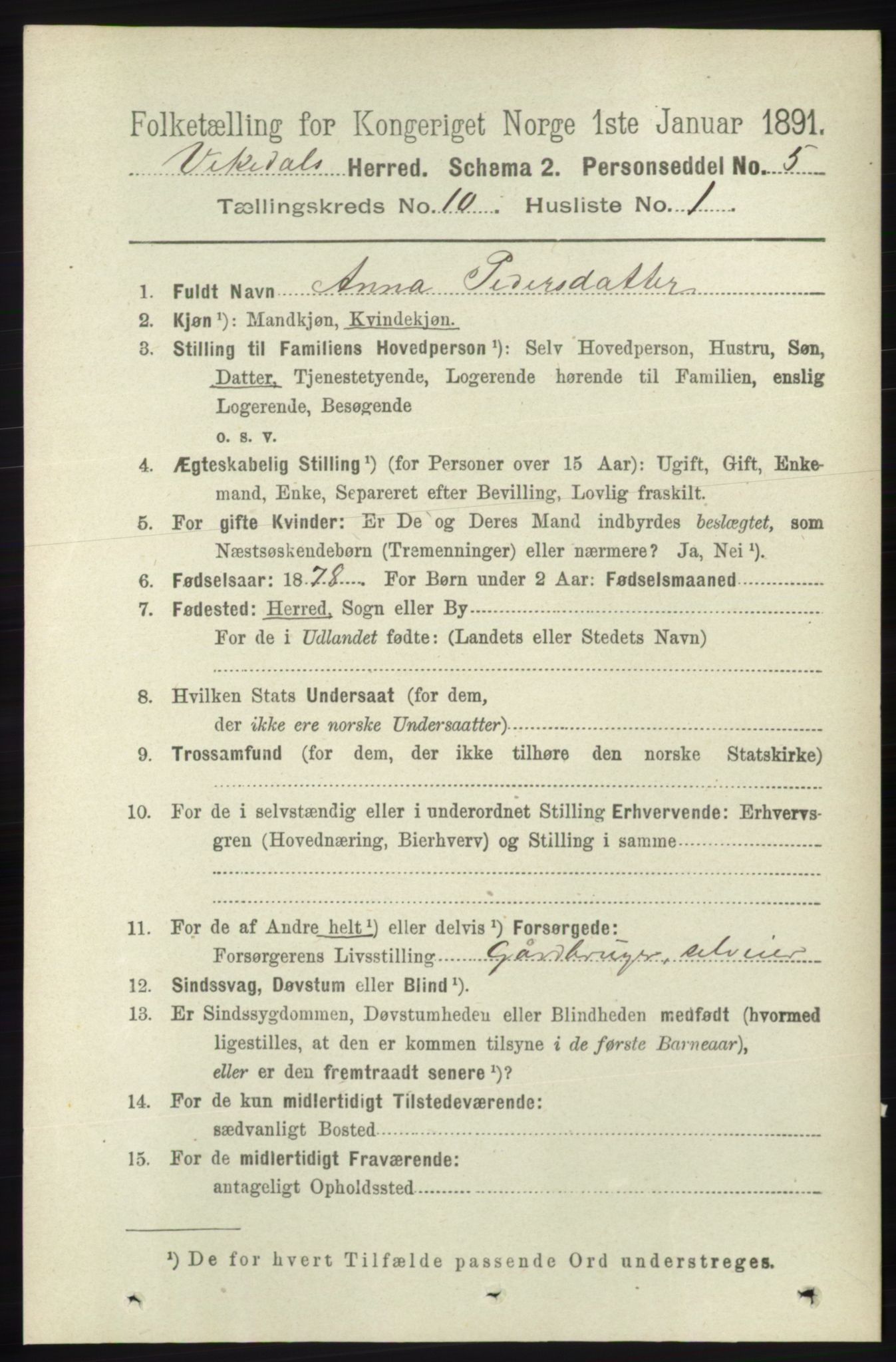 RA, 1891 census for 1157 Vikedal, 1891, p. 2531