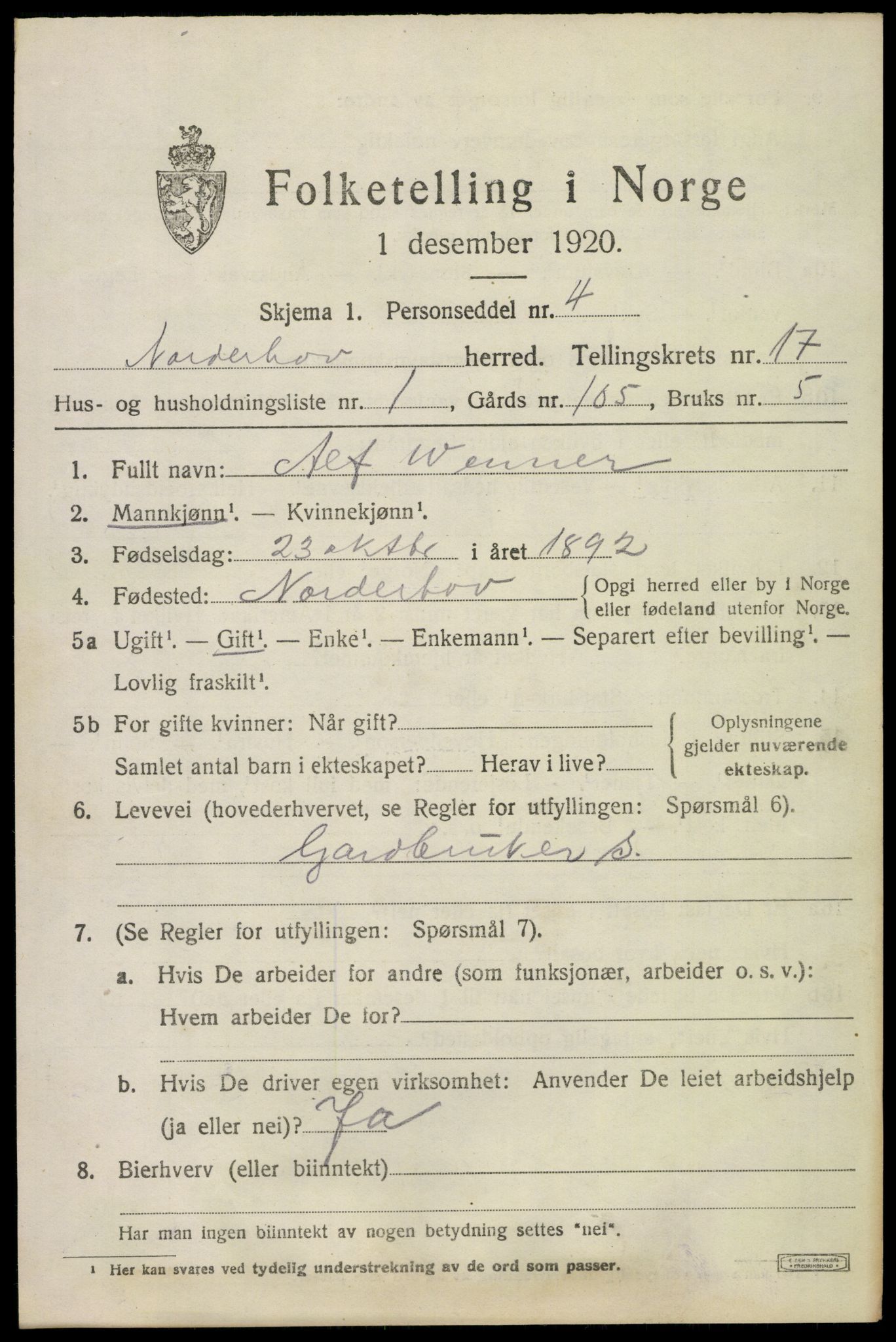 SAKO, 1920 census for Norderhov, 1920, p. 18522