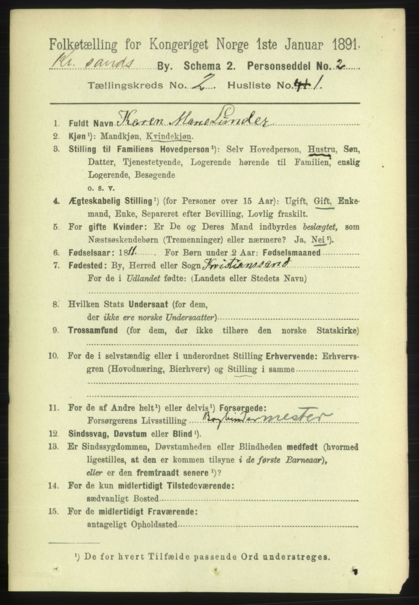 RA, 1891 census for 1001 Kristiansand, 1891, p. 3187