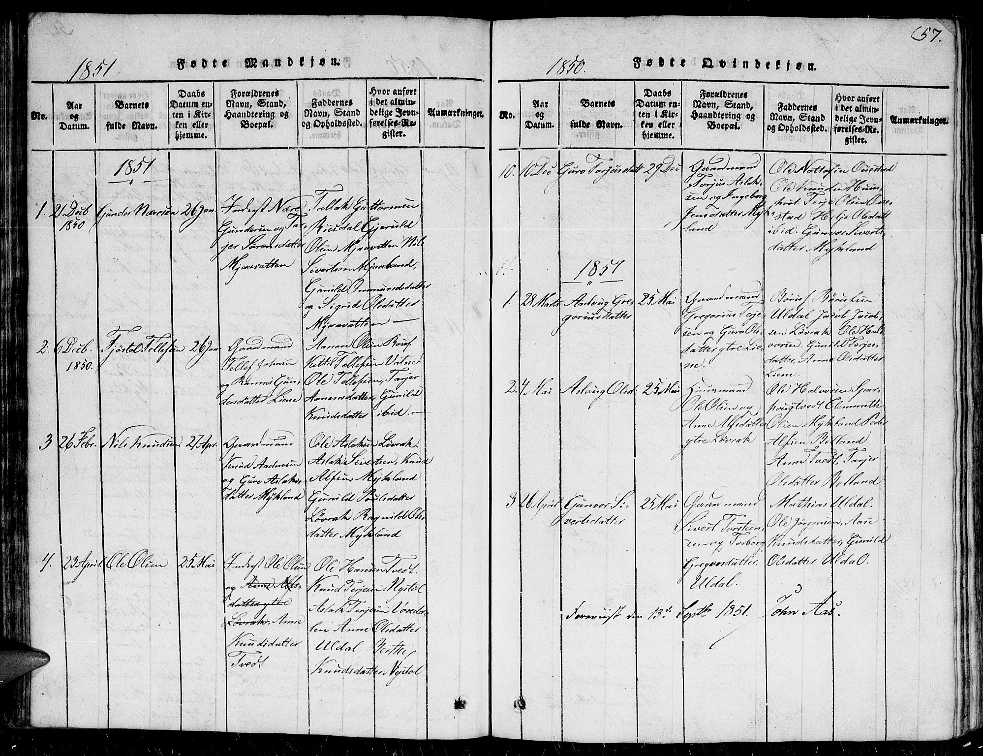 Herefoss sokneprestkontor, AV/SAK-1111-0019/F/Fb/Fbc/L0001: Parish register (copy) no. B 1, 1816-1866, p. 57