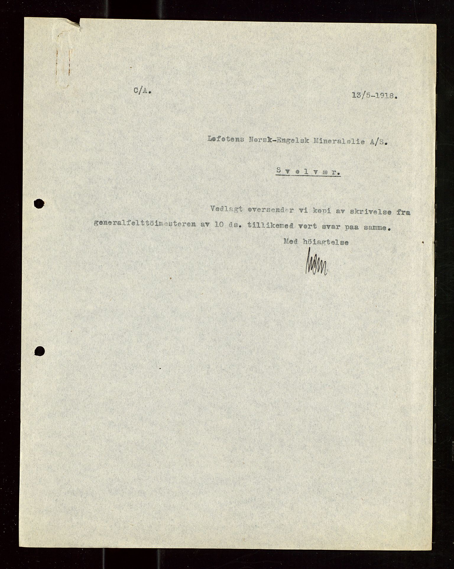 Pa 1521 - A/S Norske Shell, AV/SAST-A-101915/E/Ea/Eaa/L0022: Sjefskorrespondanse, 1918, p. 19