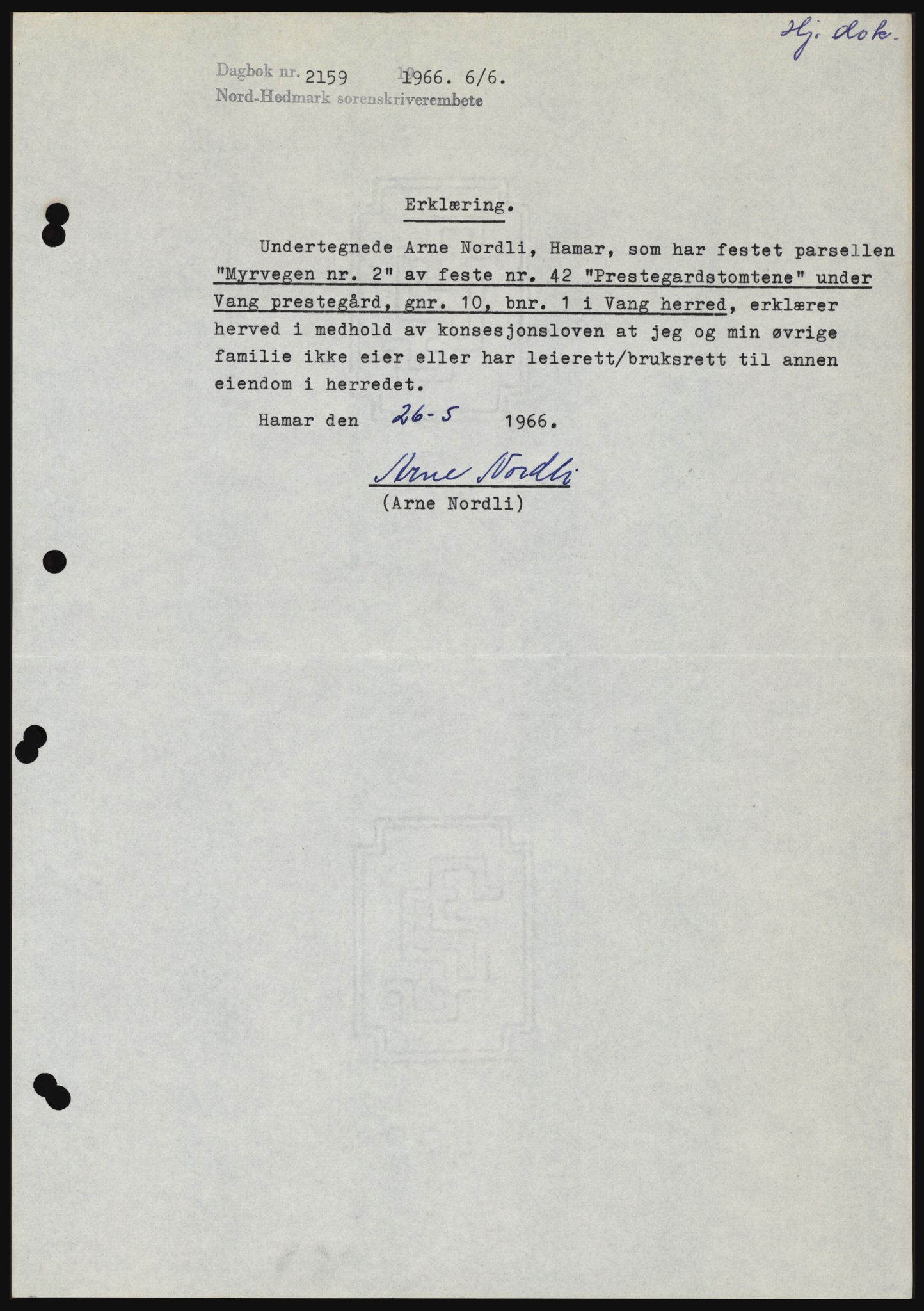 Nord-Hedmark sorenskriveri, AV/SAH-TING-012/H/Hc/L0024: Mortgage book no. 24, 1966-1966, Diary no: : 2159/1966