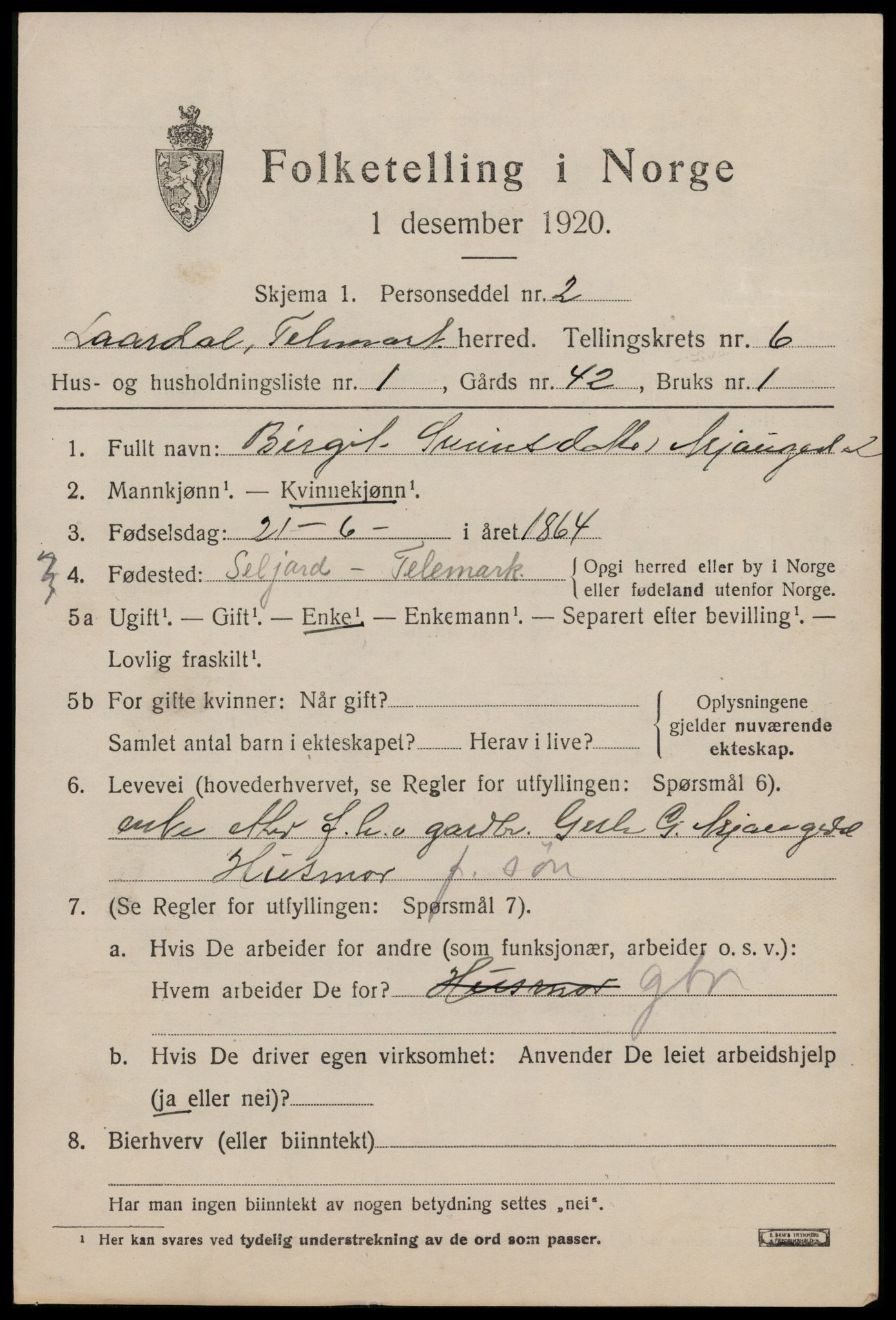 SAKO, 1920 census for Lårdal, 1920, p. 2521