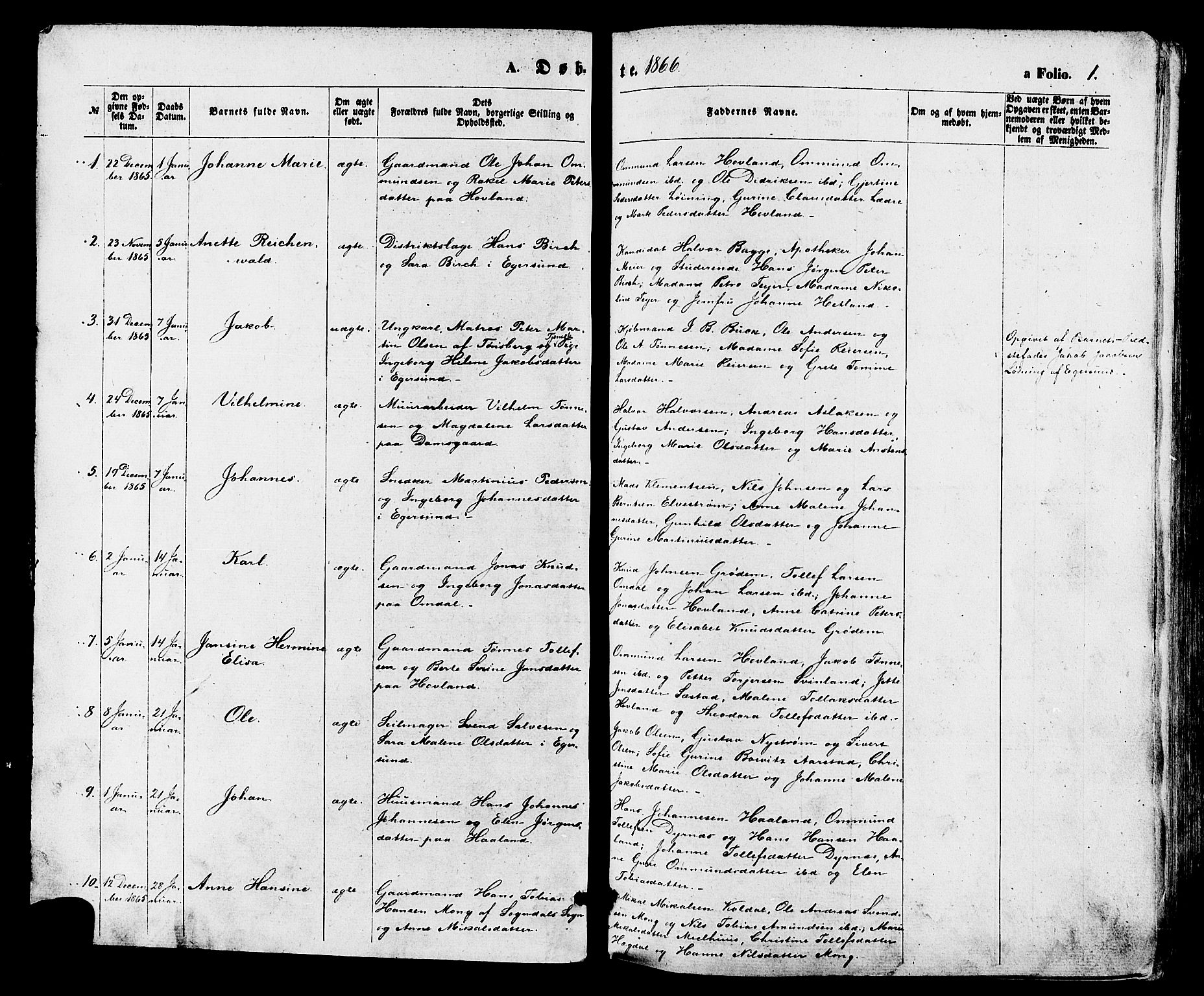 Eigersund sokneprestkontor, SAST/A-101807/S08/L0014: Parish register (official) no. A 13, 1866-1878, p. 1