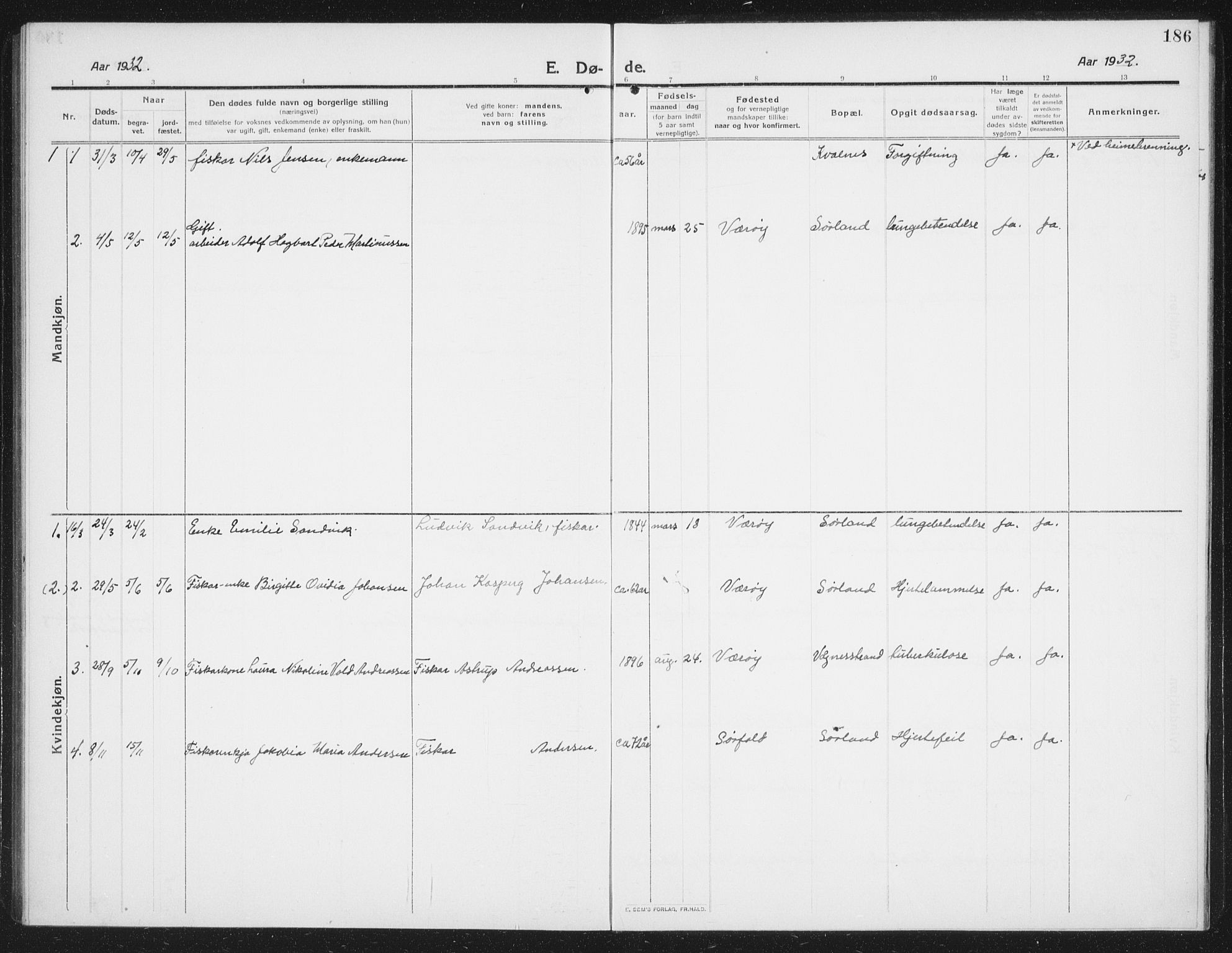 Ministerialprotokoller, klokkerbøker og fødselsregistre - Nordland, AV/SAT-A-1459/807/L0124: Parish register (copy) no. 807C02, 1910-1935, p. 186