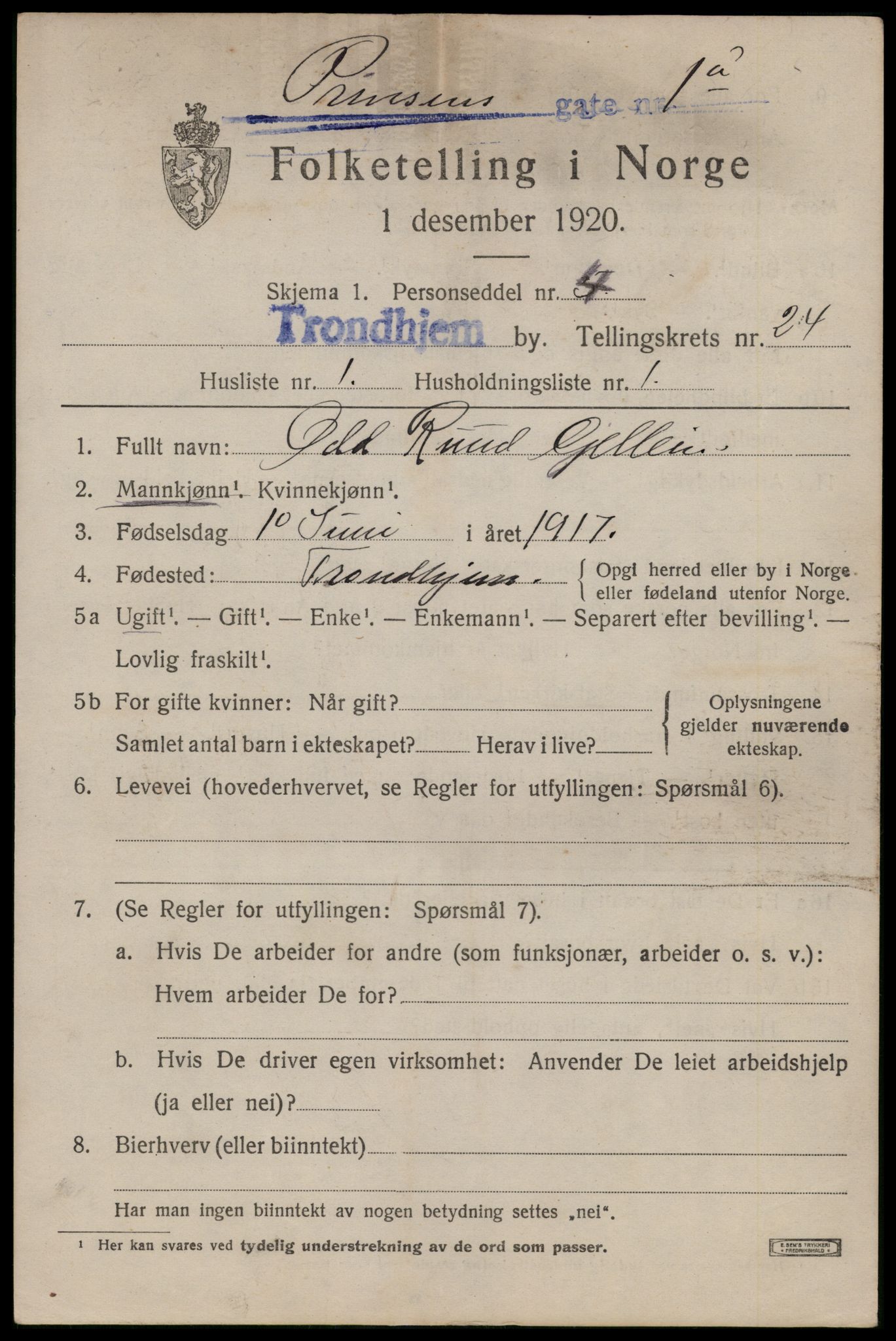 SAT, 1920 census for Trondheim, 1920, p. 65354