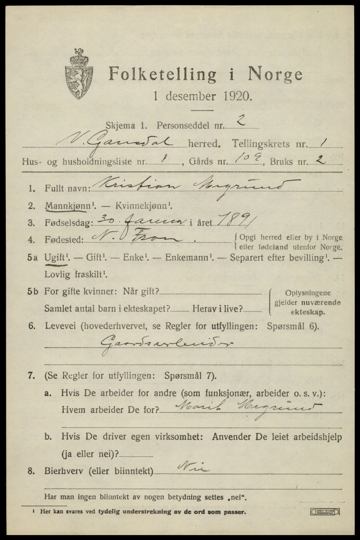 SAH, 1920 census for Vestre Gausdal, 1920, p. 915