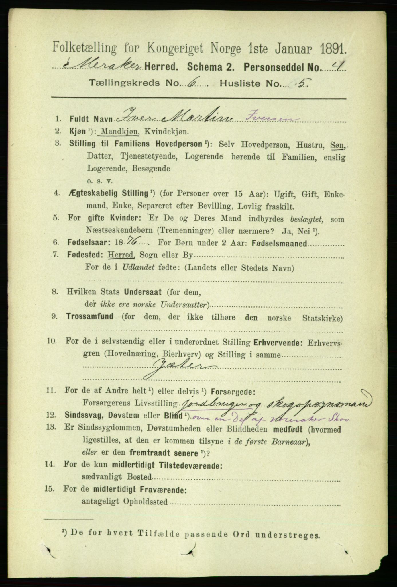 RA, 1891 census for 1711 Meråker, 1891, p. 2071