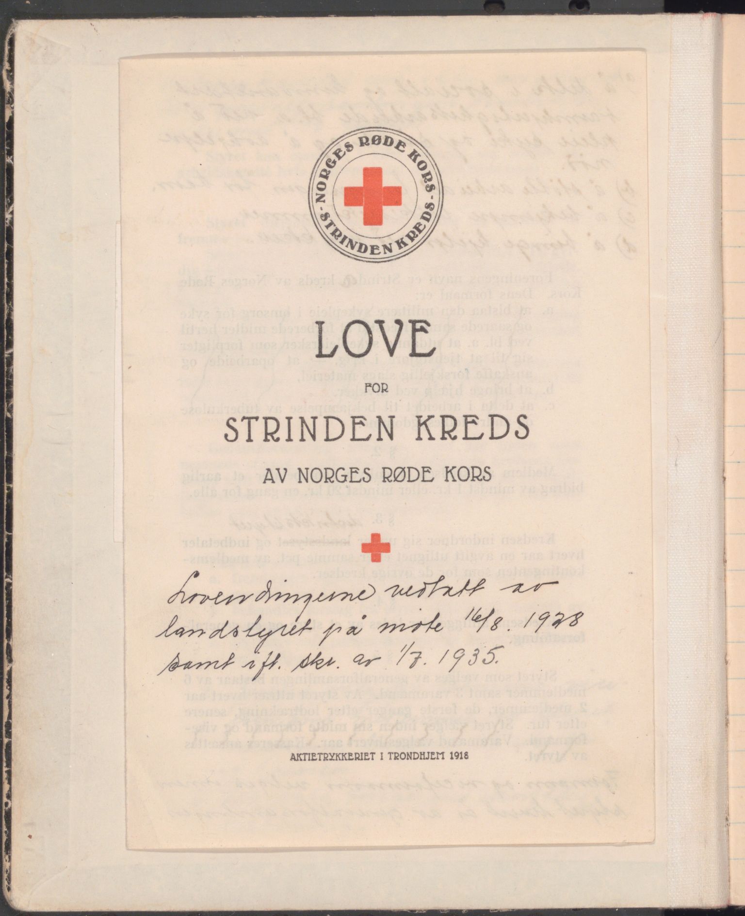 Trondheim Røde Kors, TRKO/PA-1204/A/Ab/L0002: Forhandlingsprotokoll for styret Strinda Røde Kors, 1935-1952, p. 1