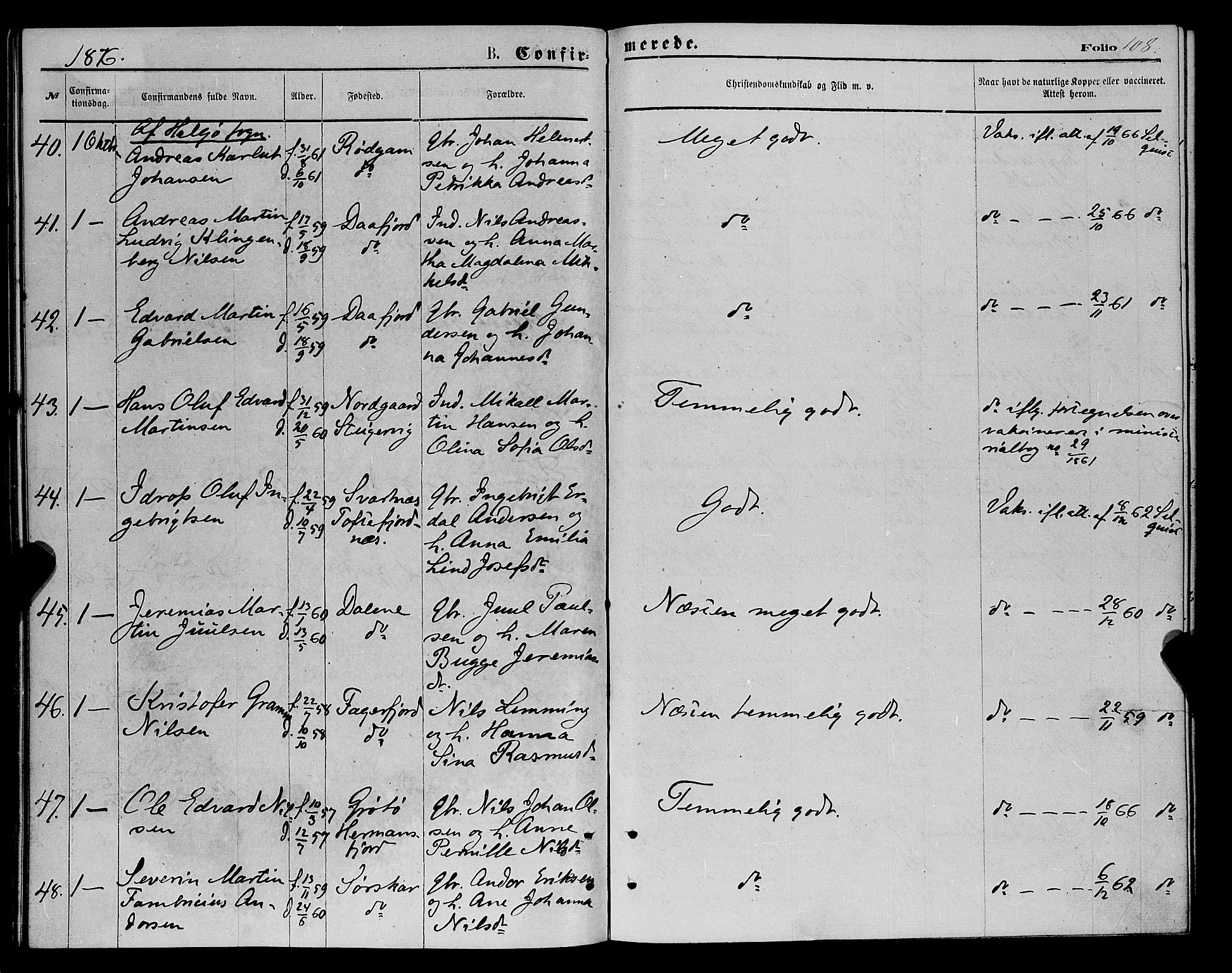 Karlsøy sokneprestembete, SATØ/S-1299/H/Ha/Haa/L0005kirke: Parish register (official) no. 5, 1872-1878, p. 108