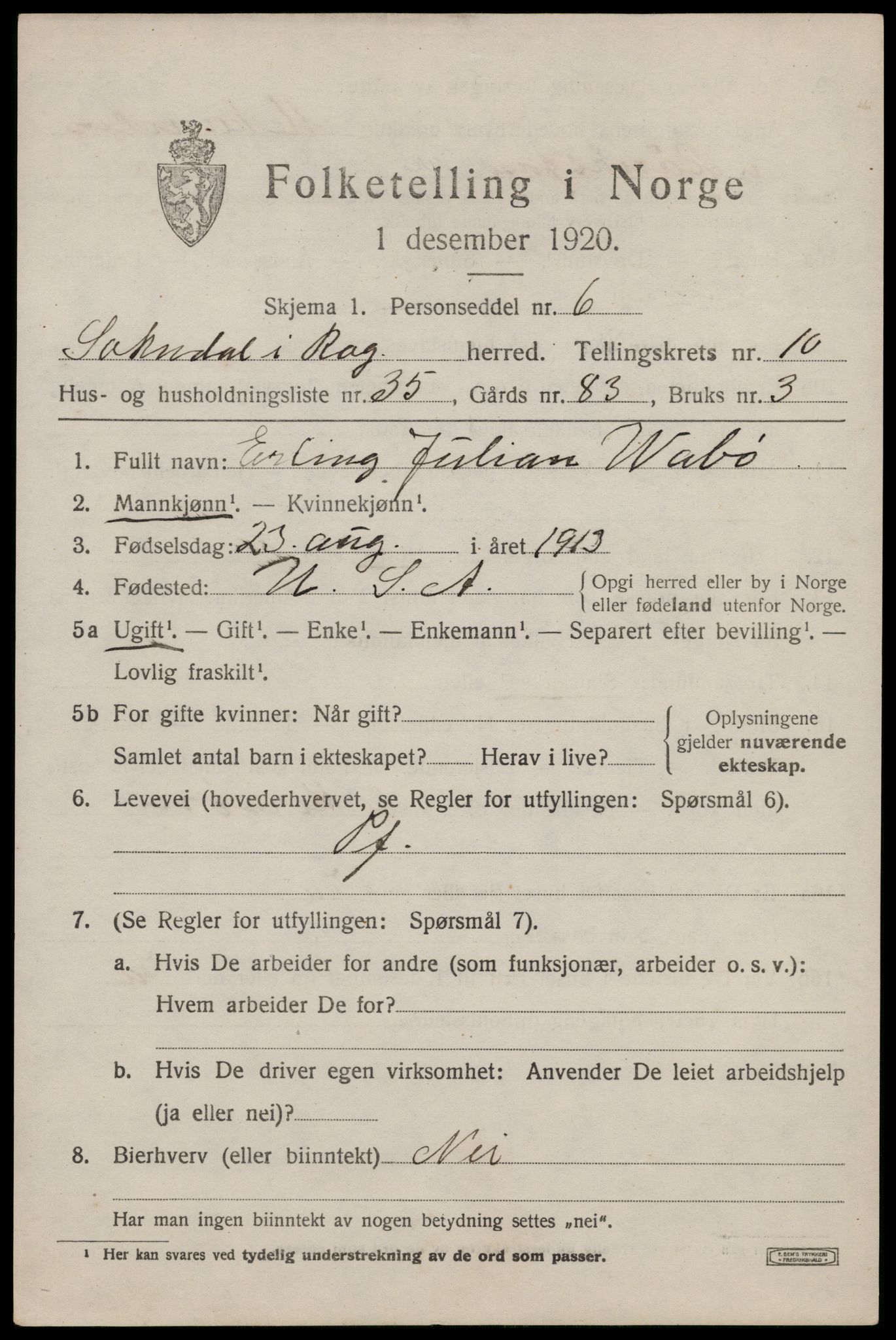 SAST, 1920 census for Sokndal, 1920, p. 6023