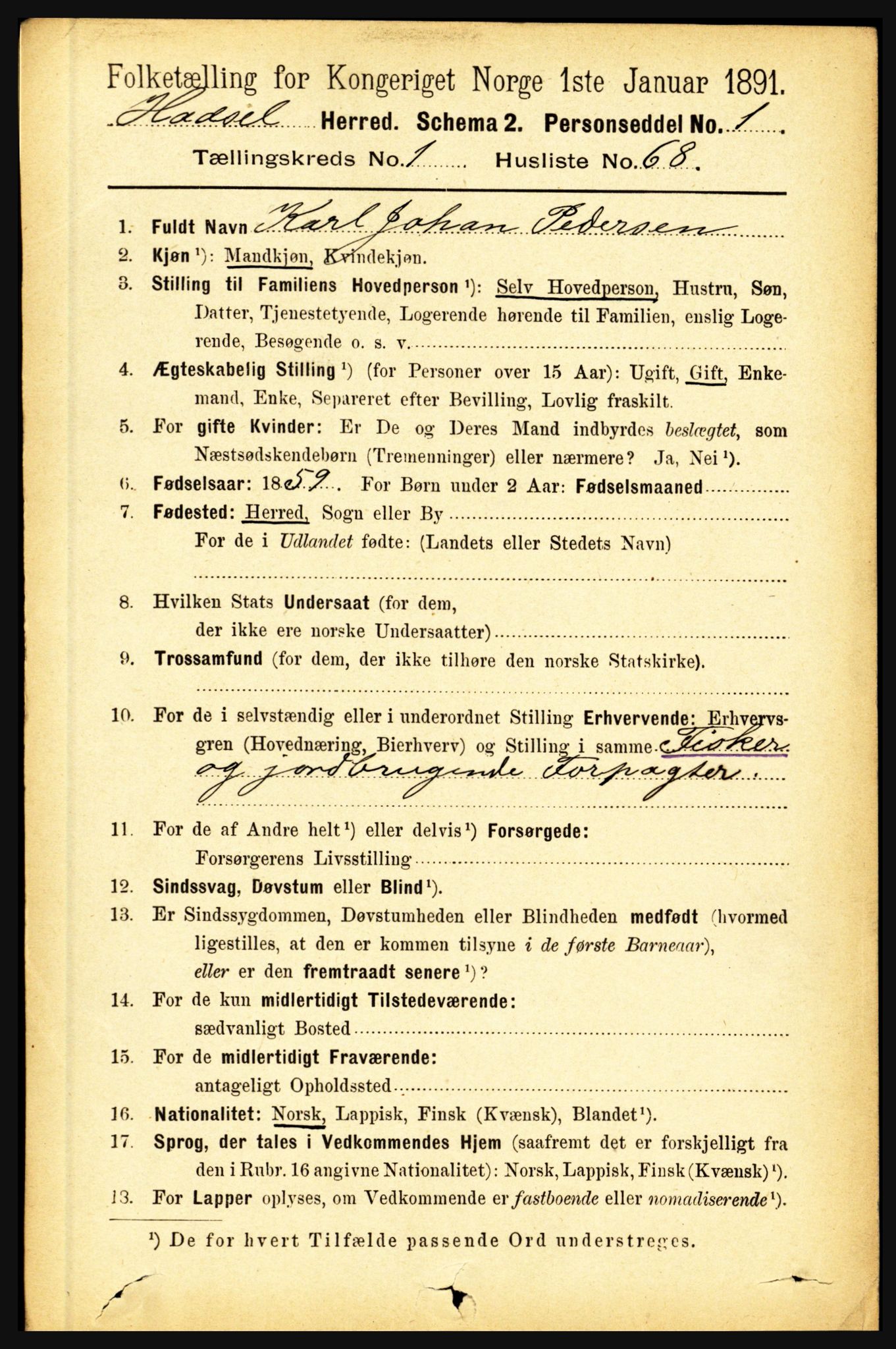 RA, 1891 census for 1866 Hadsel, 1891, p. 590