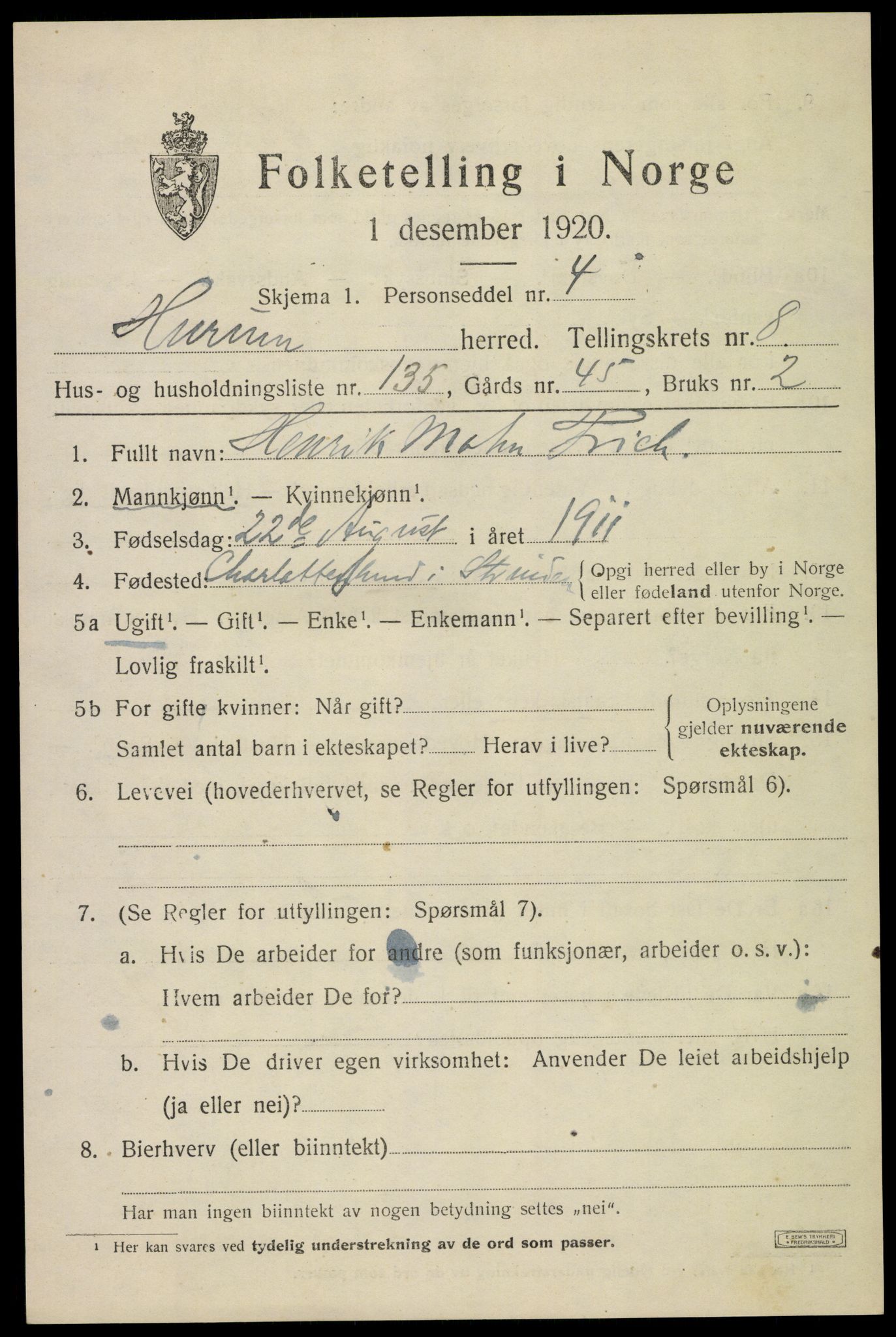 SAKO, 1920 census for Hurum, 1920, p. 11866