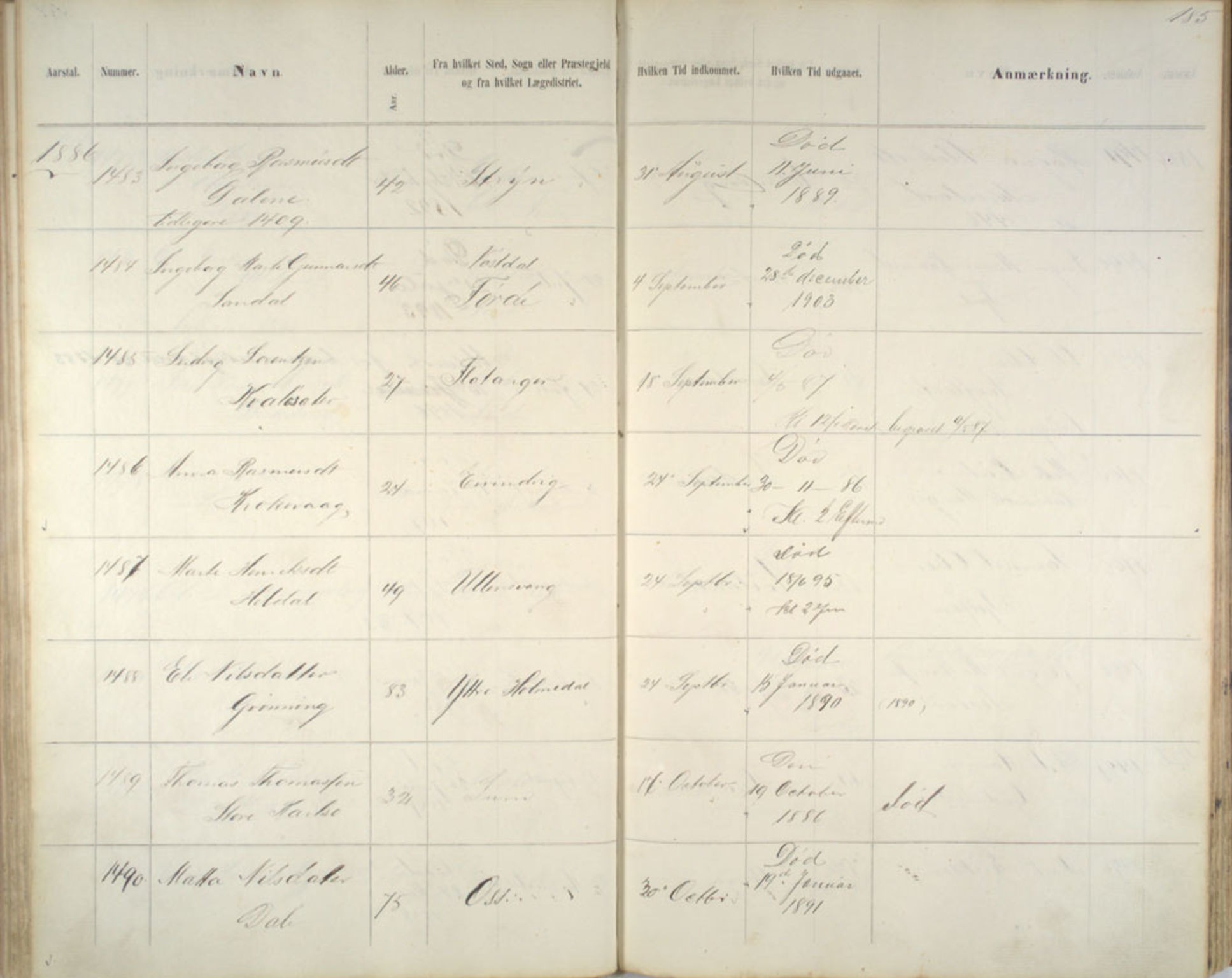 Lepraarkiver - Pleiestiftelsen for spedalske no.1, AV/SAB-A-60601/C/L0005: Av- og tilgangsliste, 1857-1955, p. 185