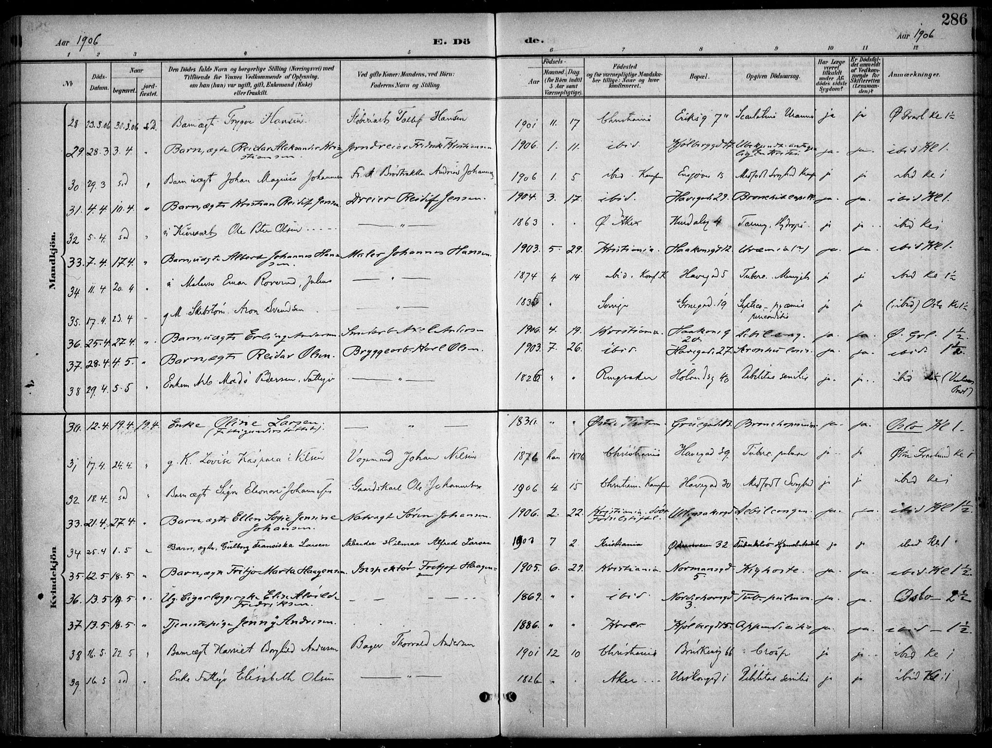 Kampen prestekontor Kirkebøker, AV/SAO-A-10853/F/Fa/L0009: Parish register (official) no. I 9, 1899-1911, p. 286