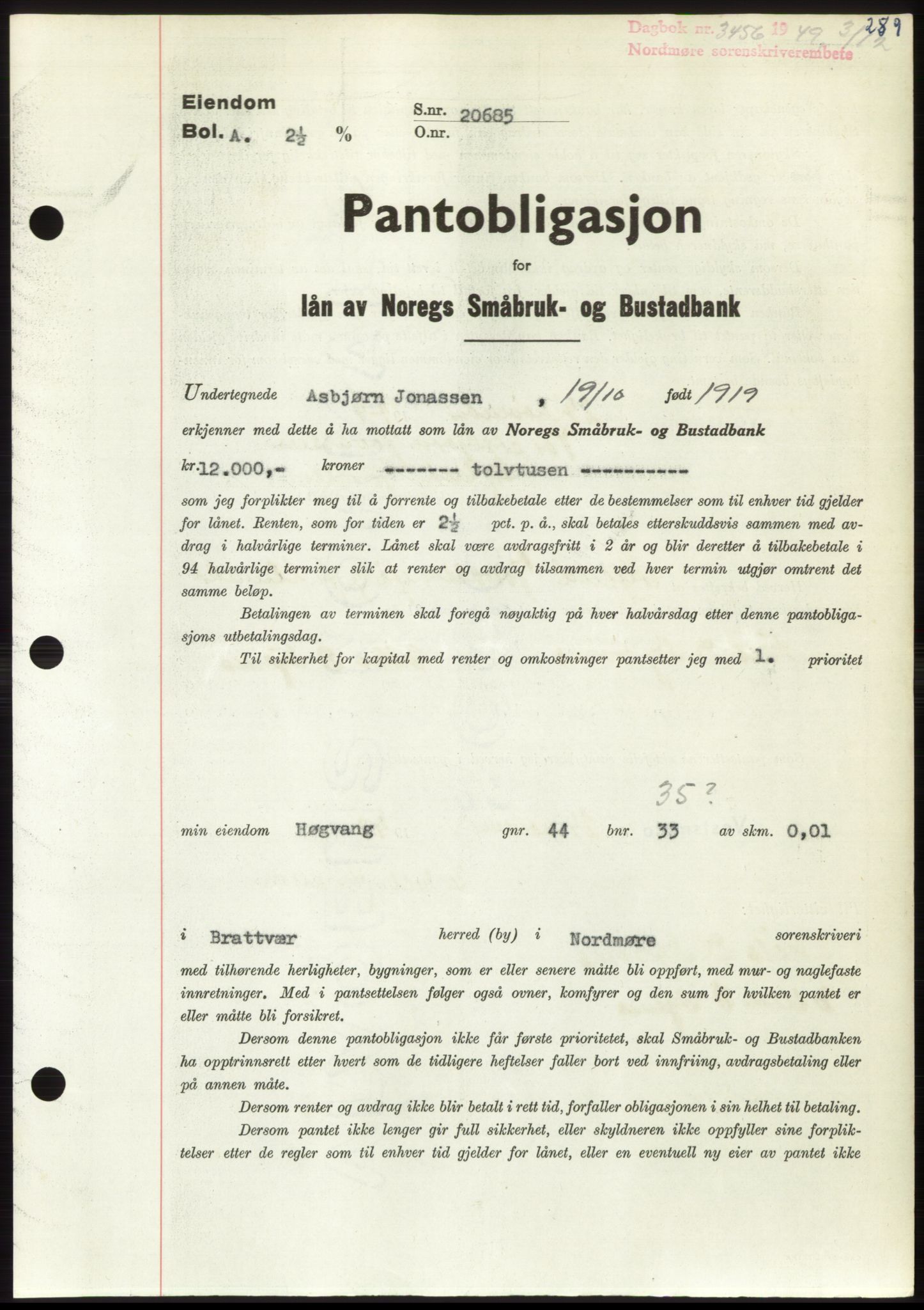 Nordmøre sorenskriveri, AV/SAT-A-4132/1/2/2Ca: Mortgage book no. B103, 1949-1950, Diary no: : 3456/1949