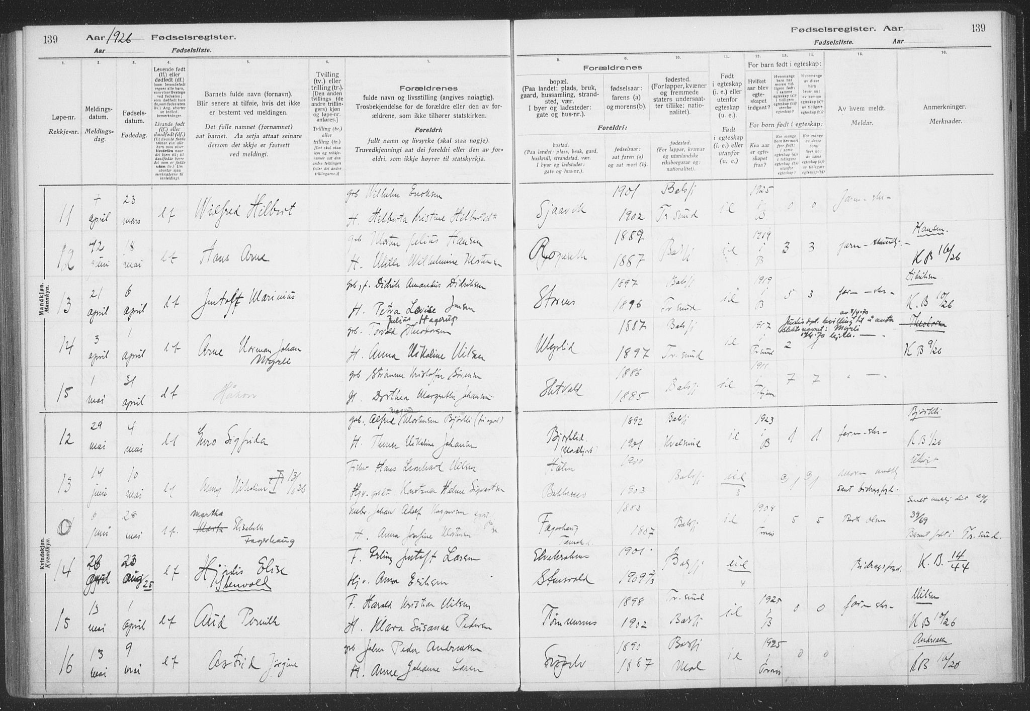 Balsfjord sokneprestembete, SATØ/S-1303/H/Hb/L0059: Birth register no. 59, 1916-1930, p. 139