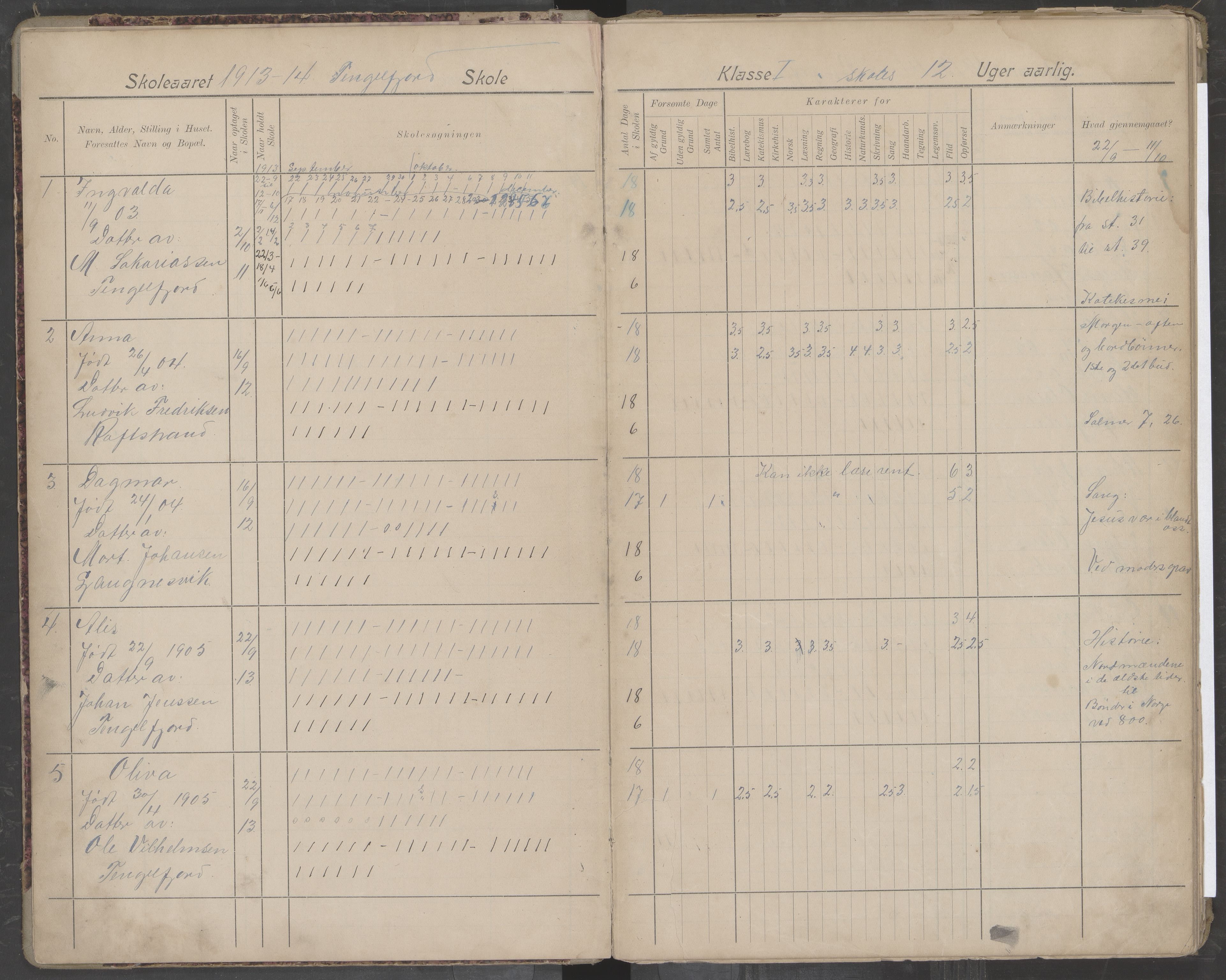 Hadsel kommune. Tengelfjord skolekrets, AIN/K-18660.510.04/G/L0002: Skoleprotokoll for Tengelfjord skole, 1913-1920