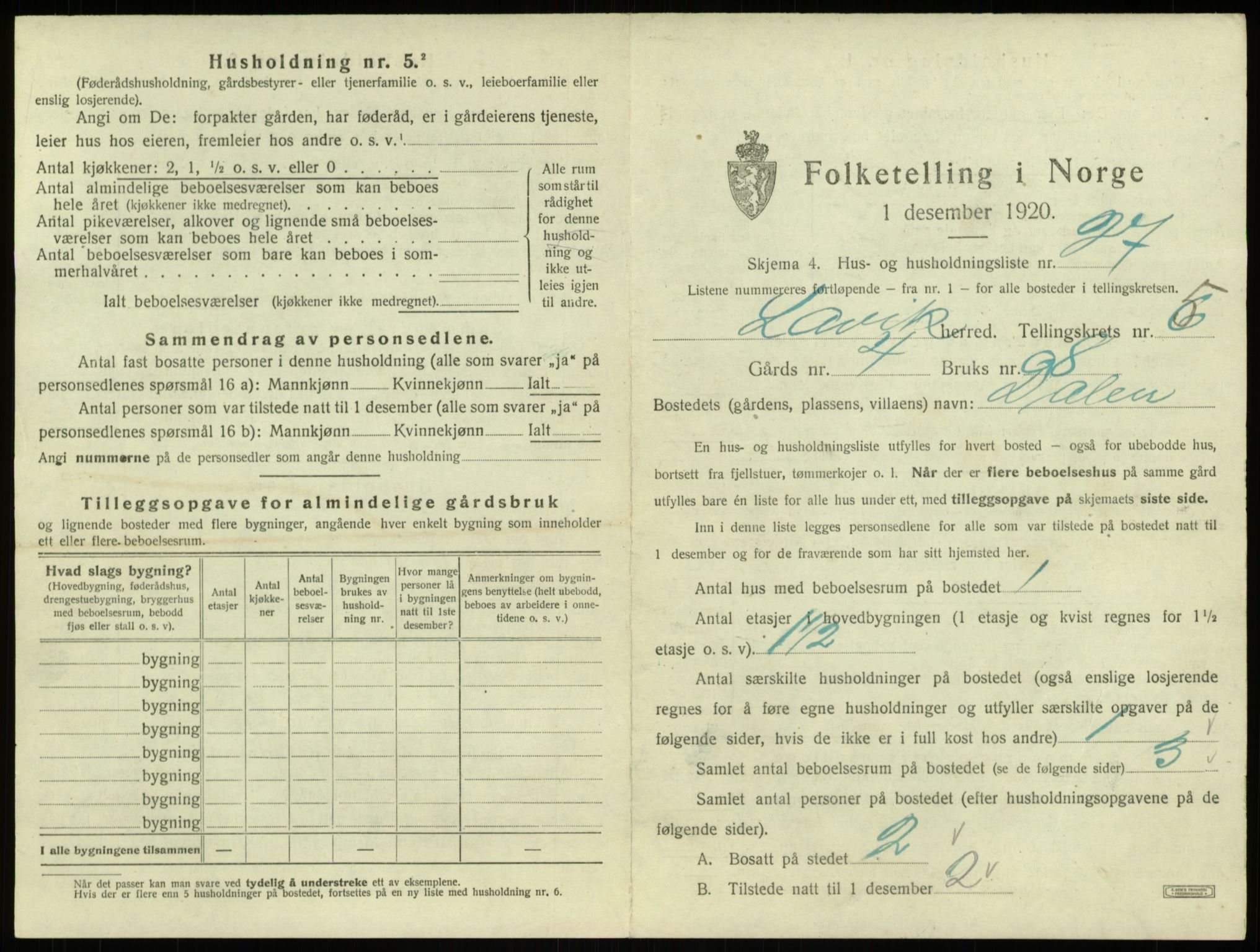 SAB, 1920 census for Lavik, 1920, p. 189