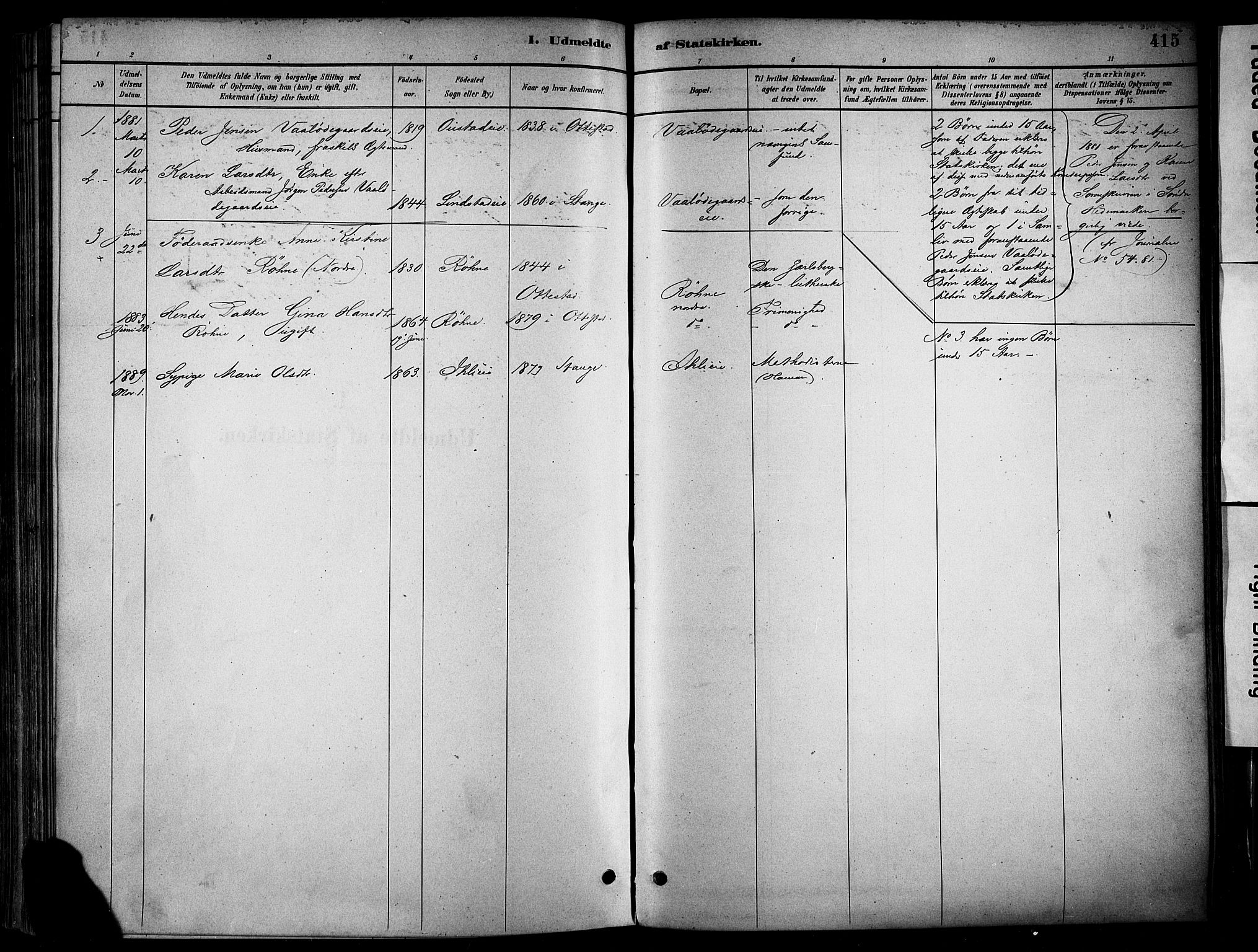 Stange prestekontor, SAH/PREST-002/K/L0017: Parish register (official) no. 17, 1880-1893, p. 415