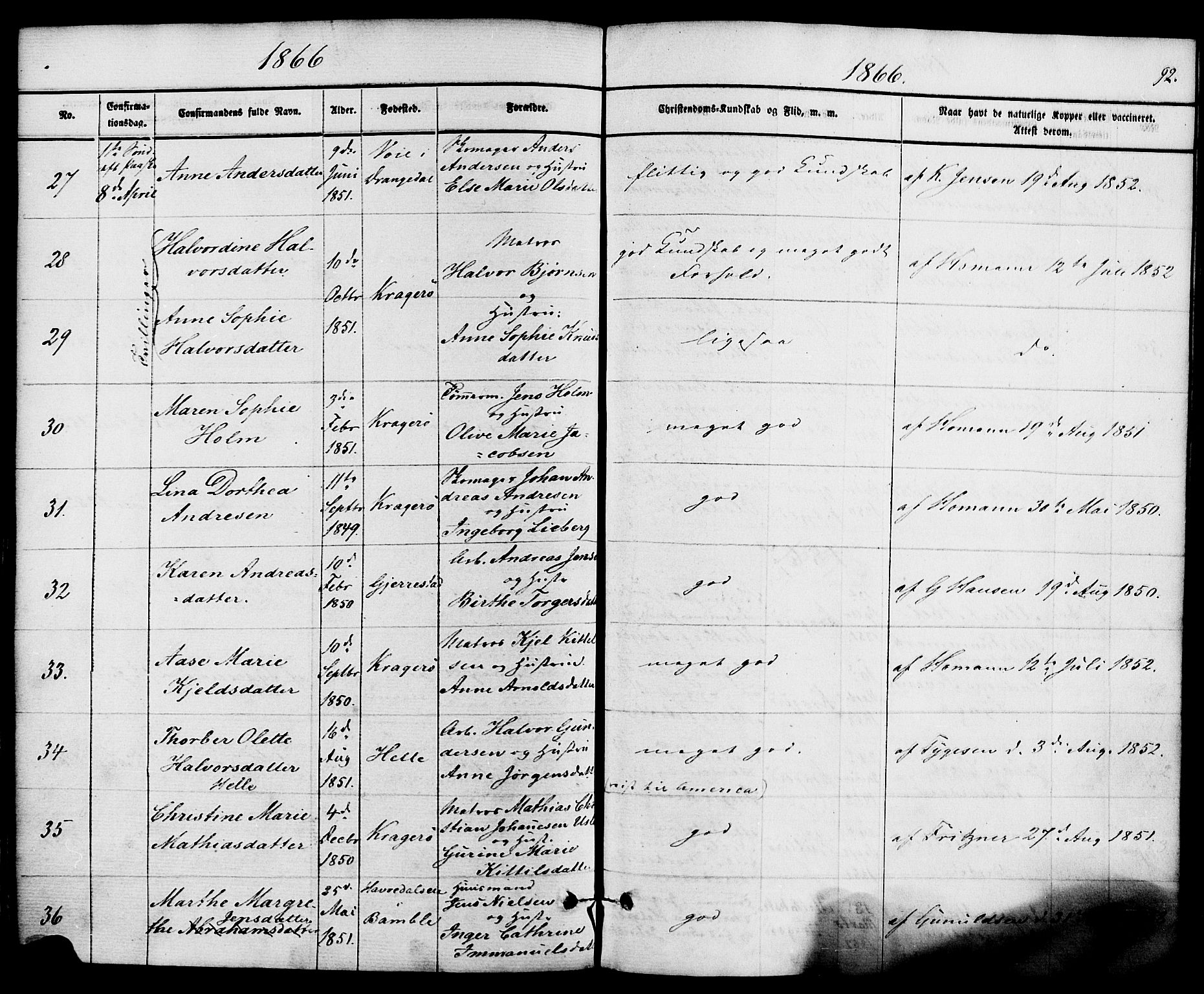 Kragerø kirkebøker, SAKO/A-278/F/Fa/L0008: Parish register (official) no. 8, 1856-1880, p. 92