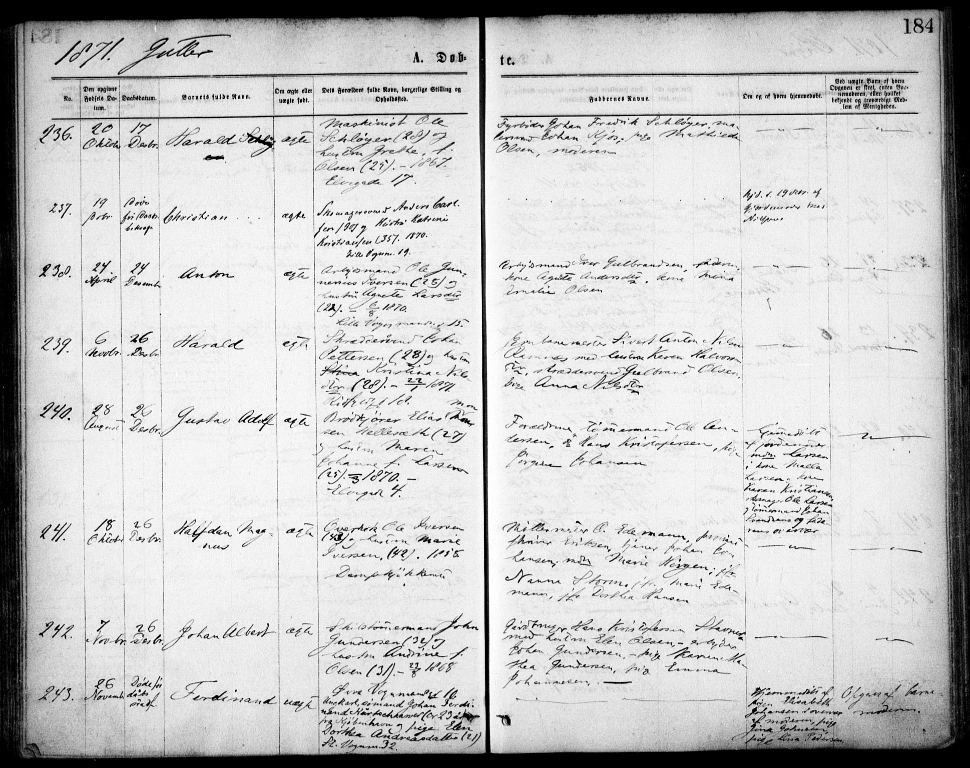 Oslo domkirke Kirkebøker, AV/SAO-A-10752/F/Fa/L0017: Parish register (official) no. 17, 1869-1878, p. 184