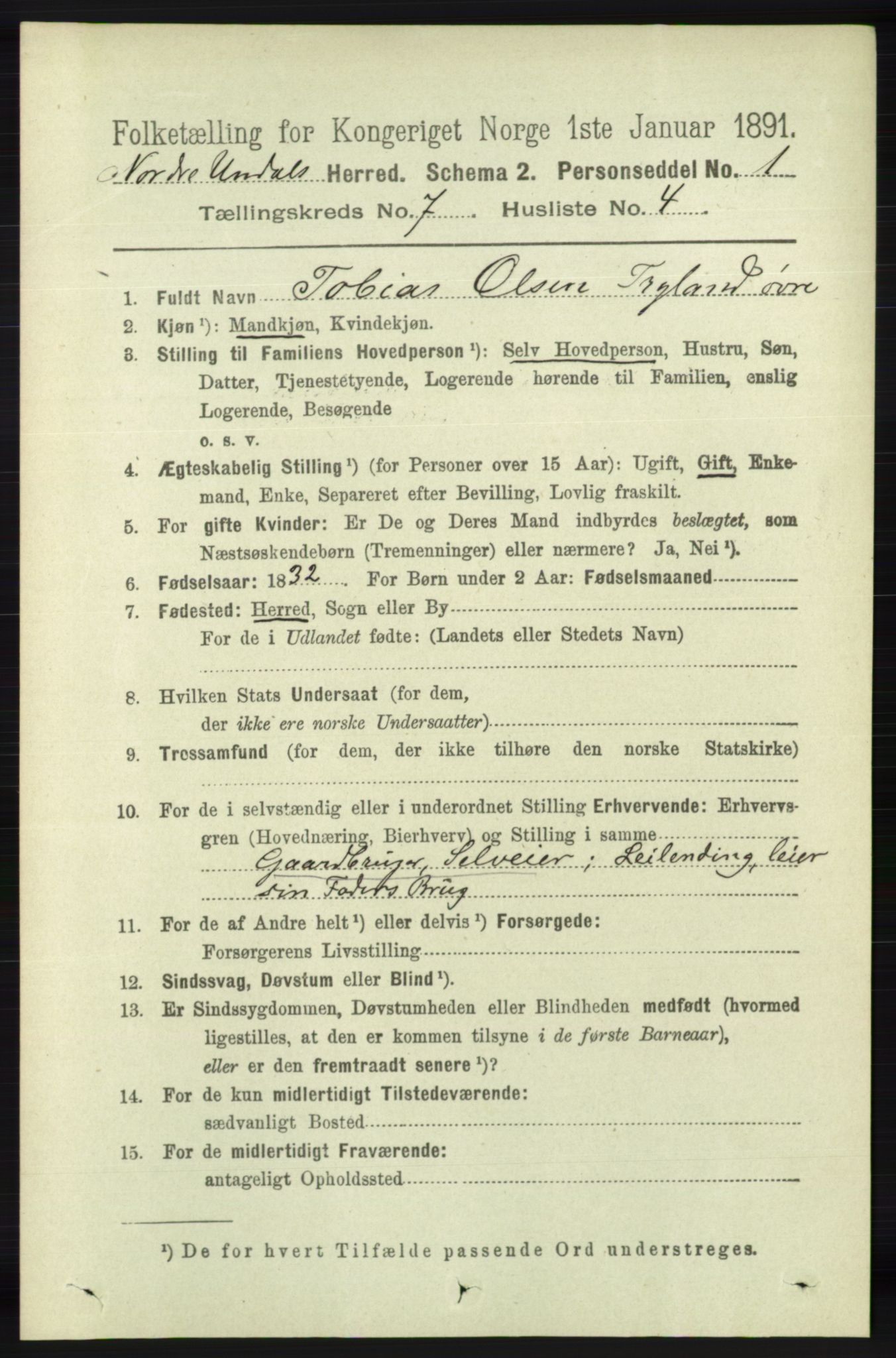 RA, 1891 census for 1028 Nord-Audnedal, 1891, p. 1813