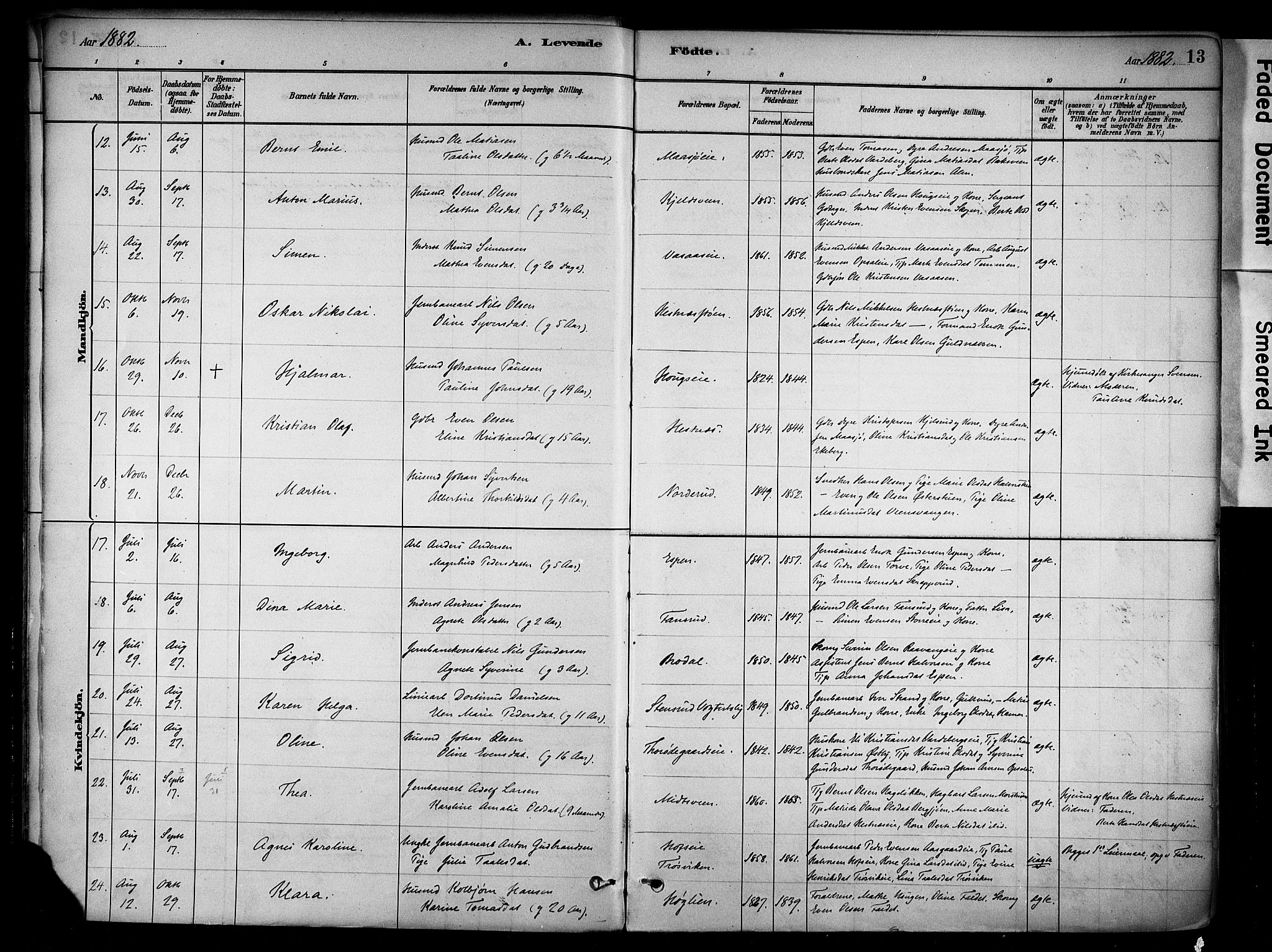 Stange prestekontor, AV/SAH-PREST-002/K/L0018: Parish register (official) no. 18, 1880-1896, p. 13