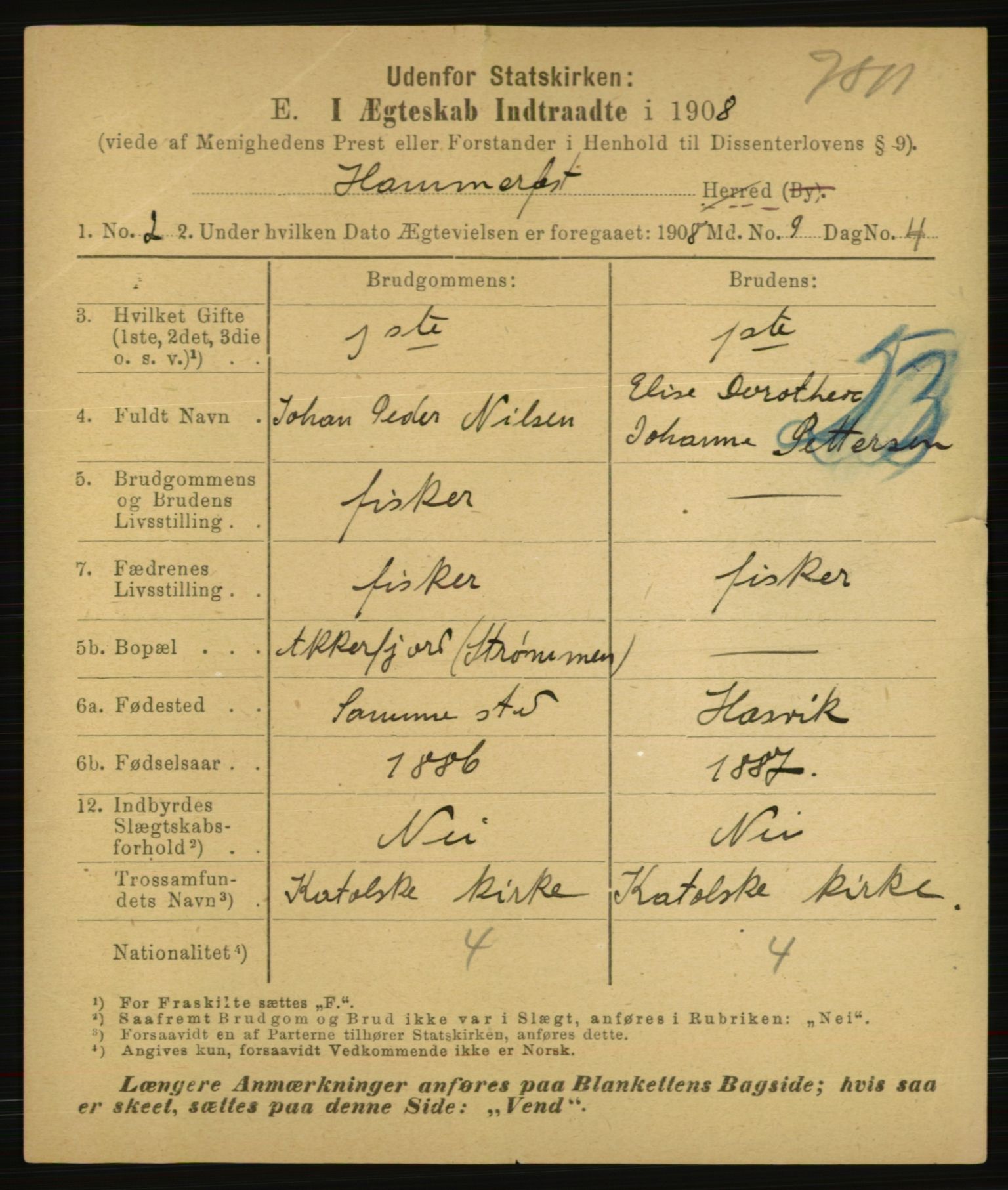 Statistisk sentralbyrå, Sosiodemografiske emner, Befolkning, AV/RA-S-2228/E/L0006: Fødte, gifte, døde dissentere., 1908, p. 2271