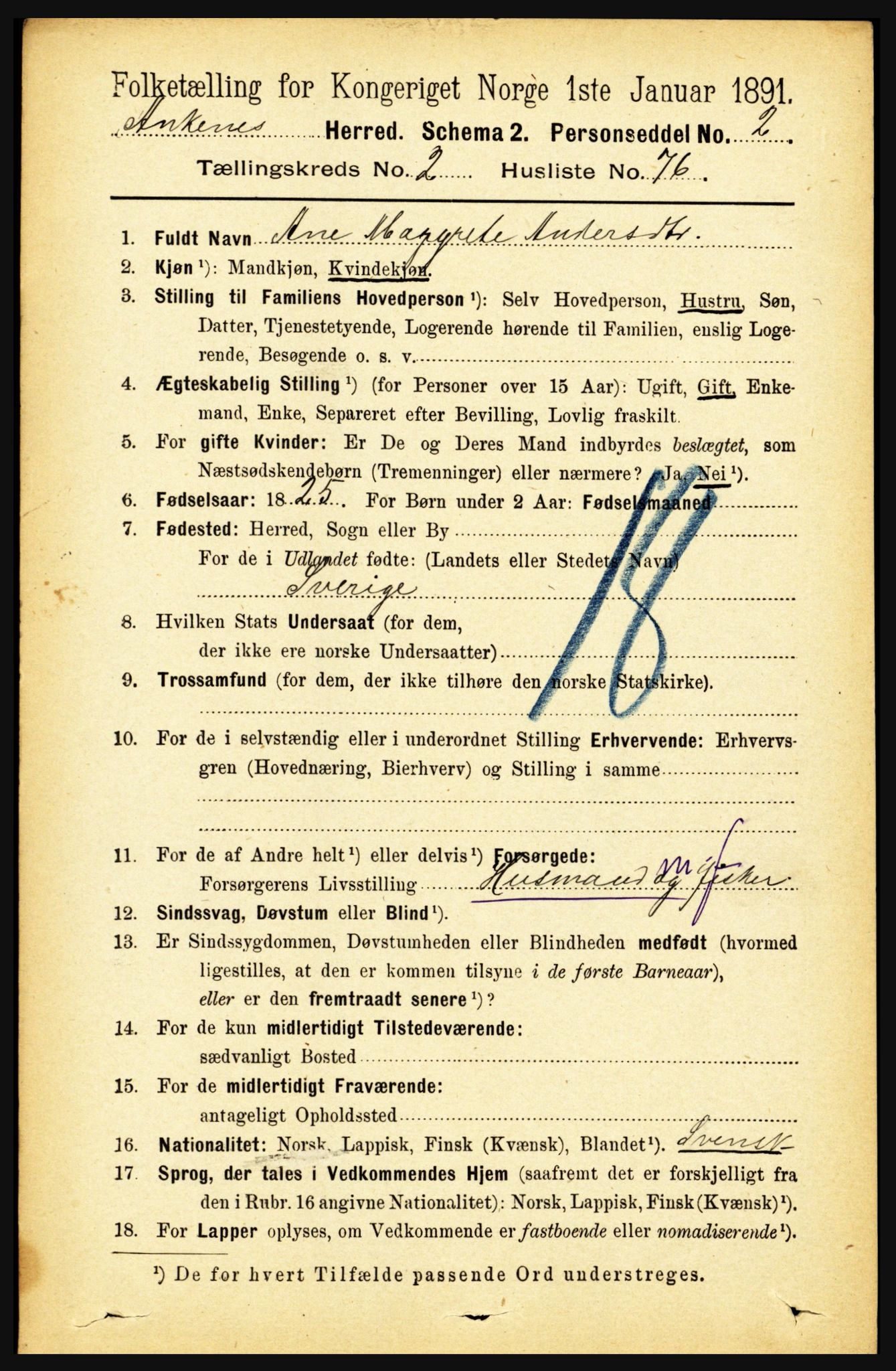 RA, 1891 census for 1855 Ankenes, 1891, p. 1395