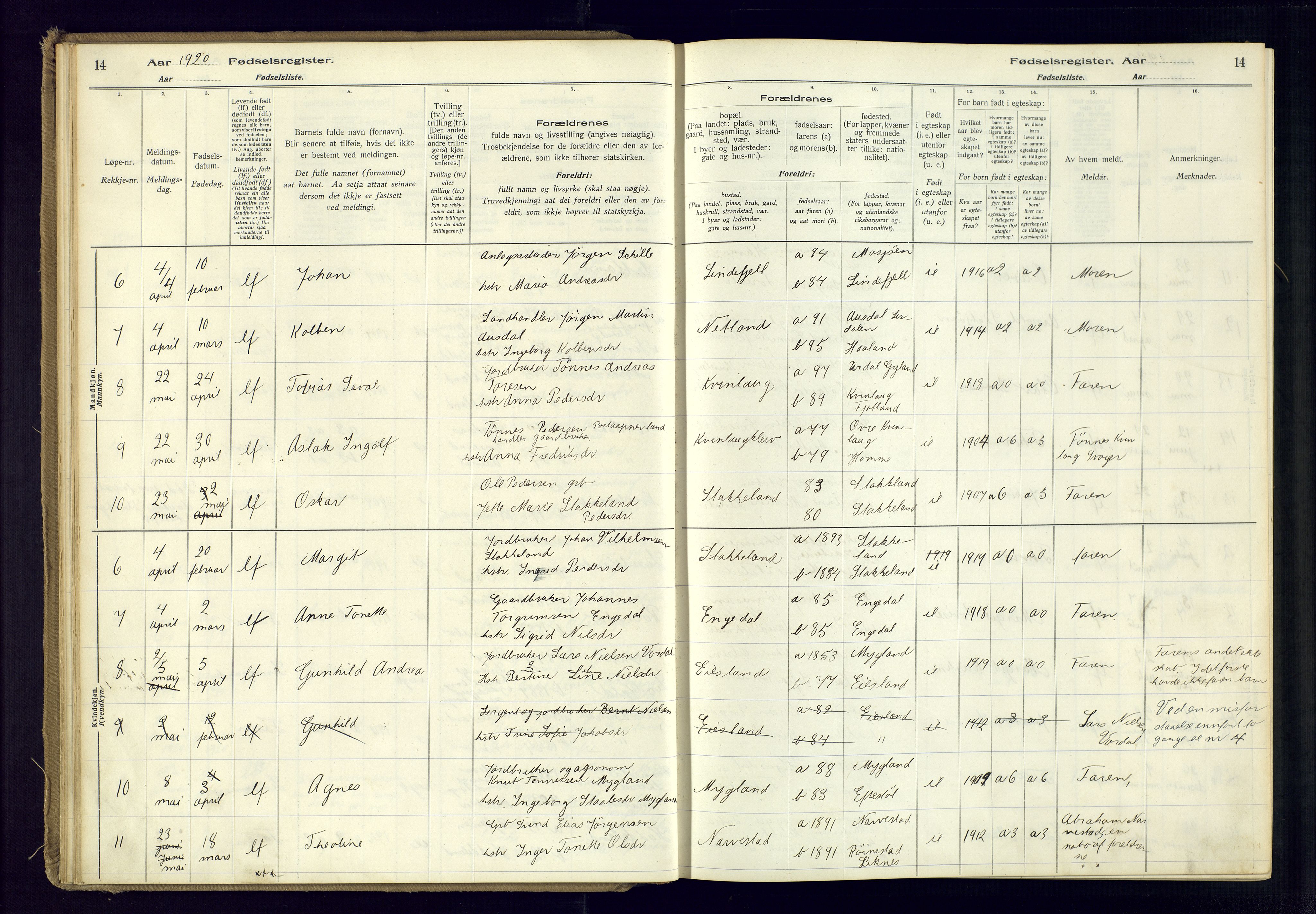 Fjotland sokneprestkontor, AV/SAK-1111-0010/J/Ja/L0001: Birth register no. 1, 1916-1981, p. 14