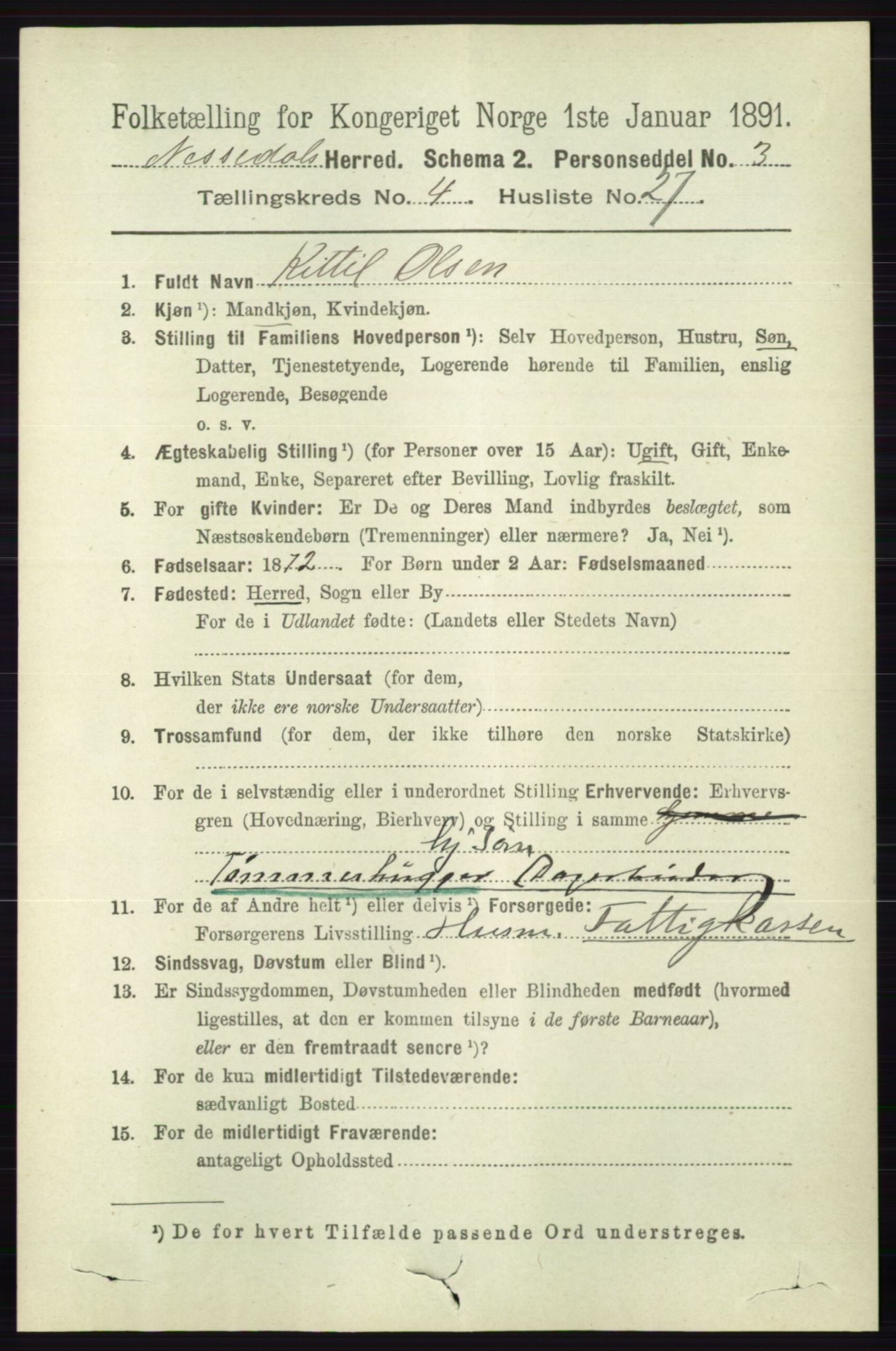 RA, 1891 census for 0830 Nissedal, 1891, p. 1048