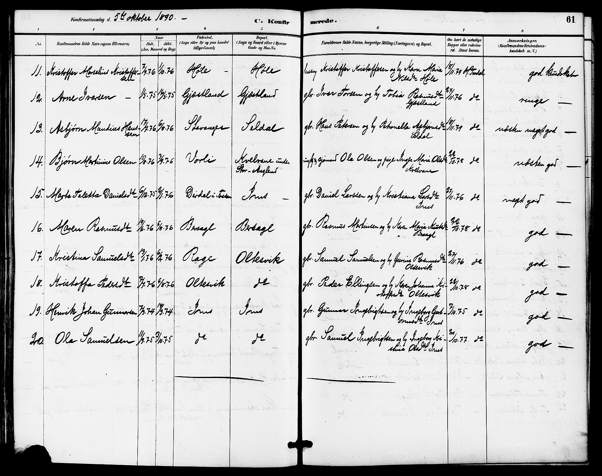 Høgsfjord sokneprestkontor, AV/SAST-A-101624/H/Ha/Haa/L0005: Parish register (official) no. A 5, 1885-1897, p. 61