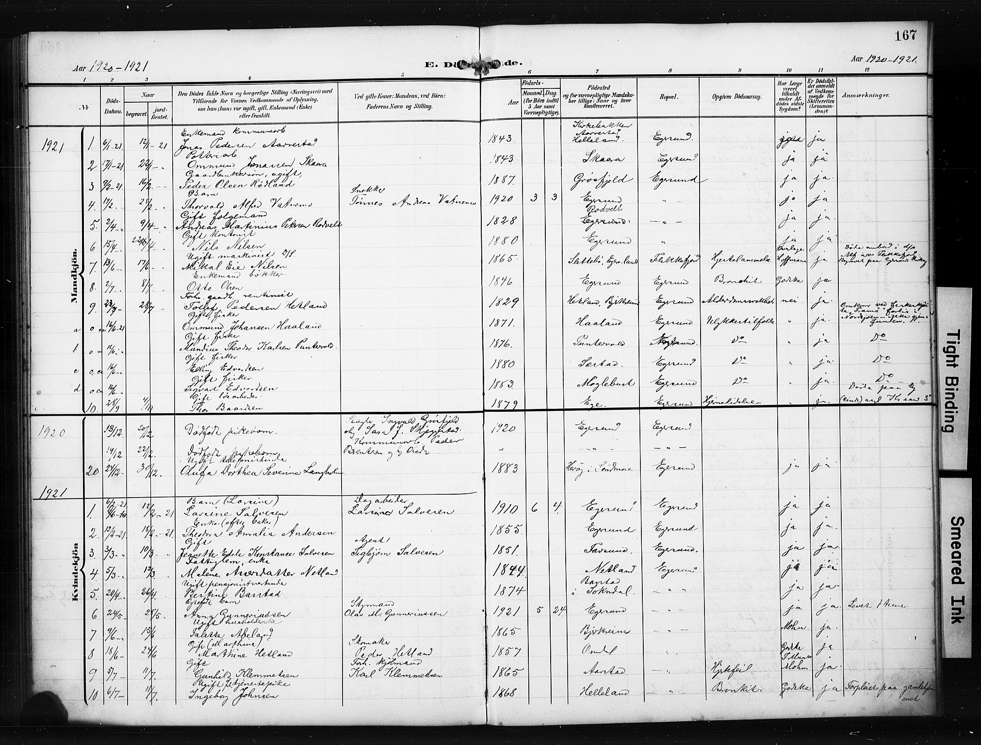 Eigersund sokneprestkontor, AV/SAST-A-101807/S09/L0012: Parish register (copy) no. B 12, 1908-1930, p. 167