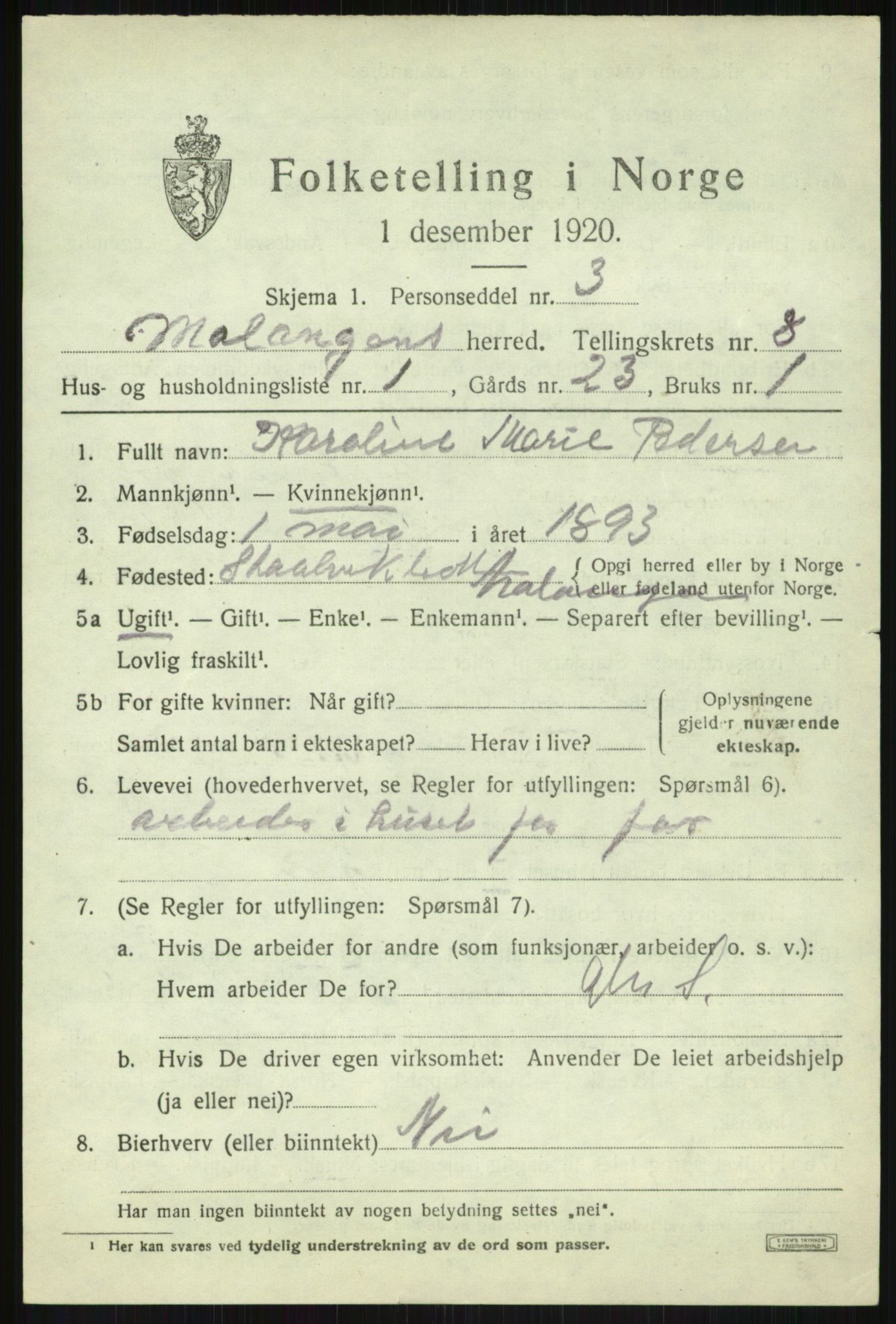 SATØ, 1920 census for Malangen, 1920, p. 3129