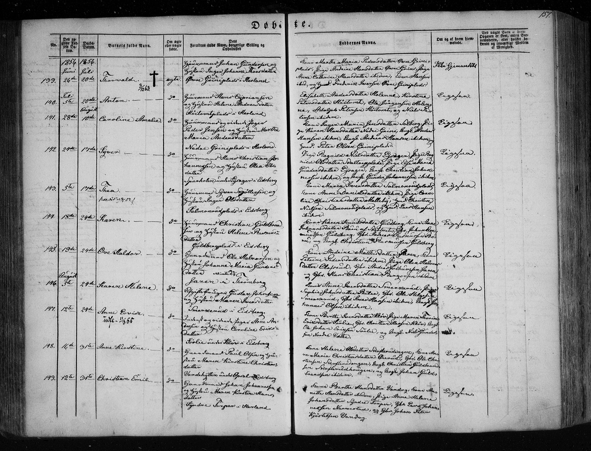 Eidsberg prestekontor Kirkebøker, SAO/A-10905/F/Fa/L0009: Parish register (official) no. I 9, 1849-1856, p. 157