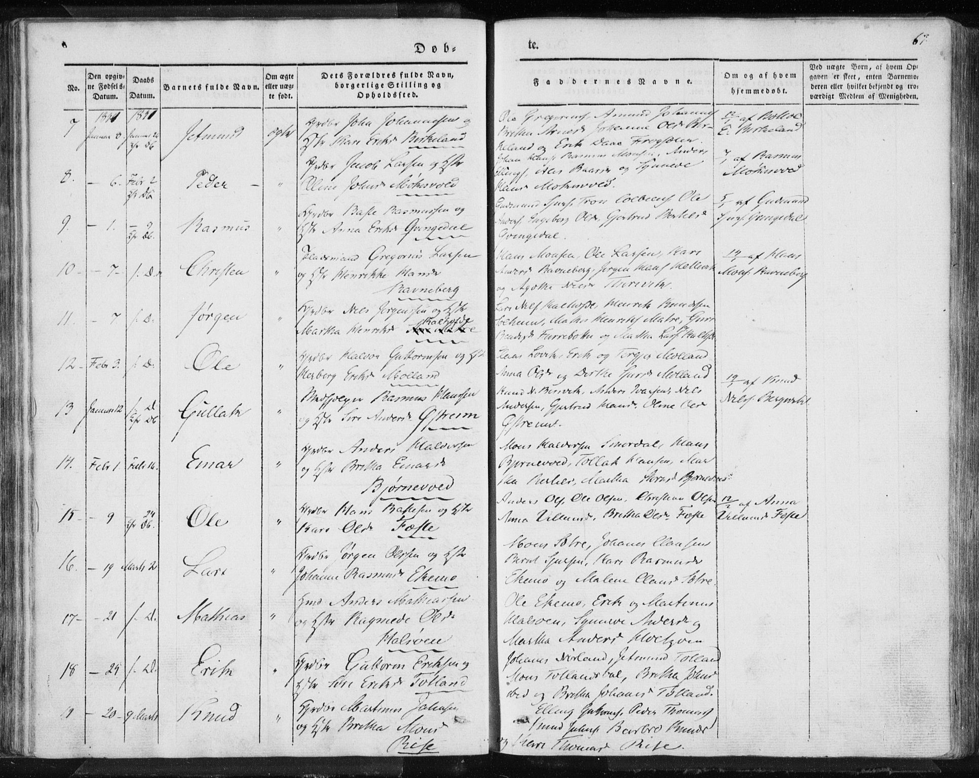 Lindås Sokneprestembete, AV/SAB-A-76701/H/Haa/Haaa/L0010: Parish register (official) no. A 10, 1842-1862, p. 67