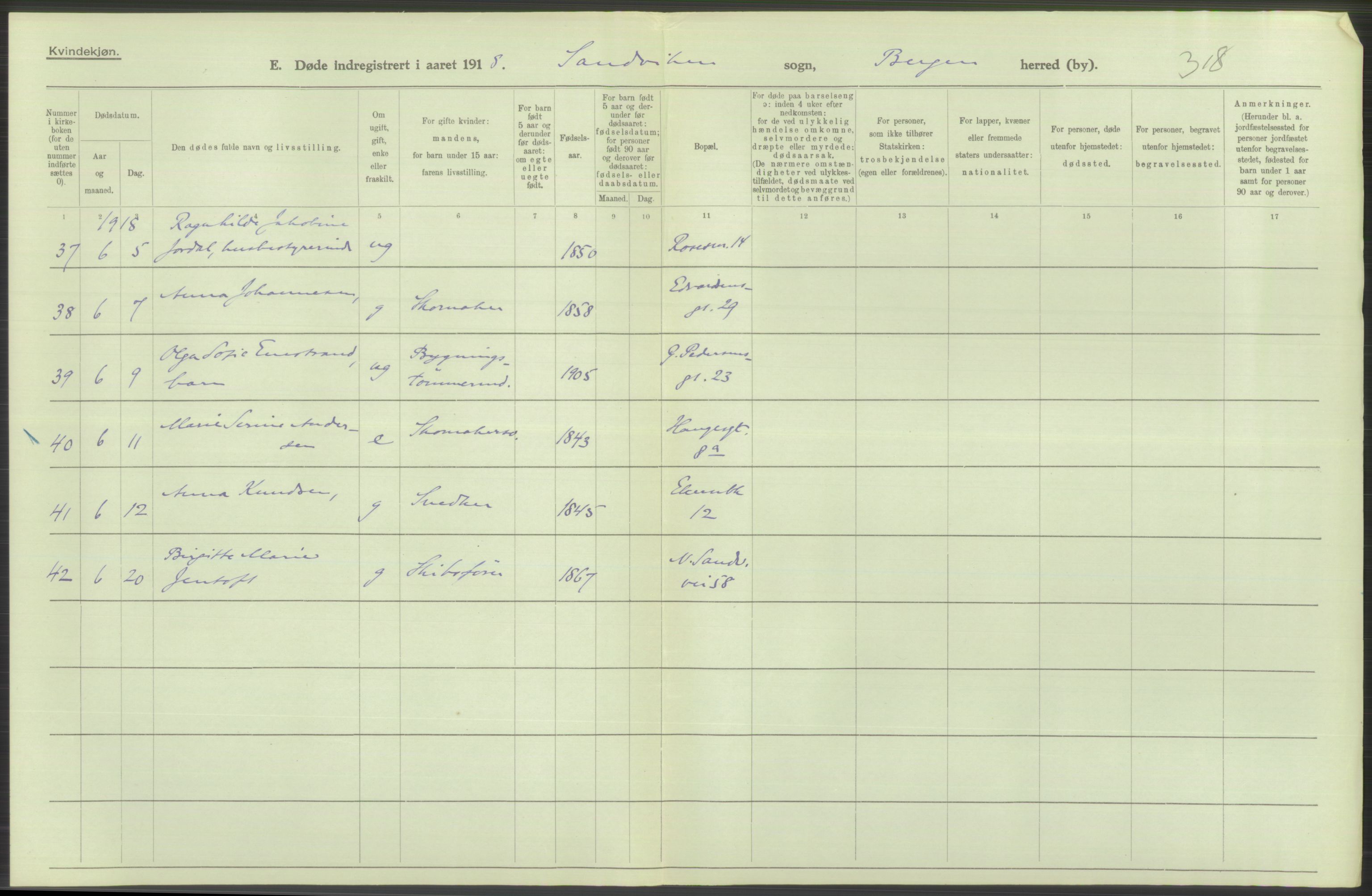 Statistisk sentralbyrå, Sosiodemografiske emner, Befolkning, AV/RA-S-2228/D/Df/Dfb/Dfbh/L0039: Bergen: Døde., 1918, p. 356